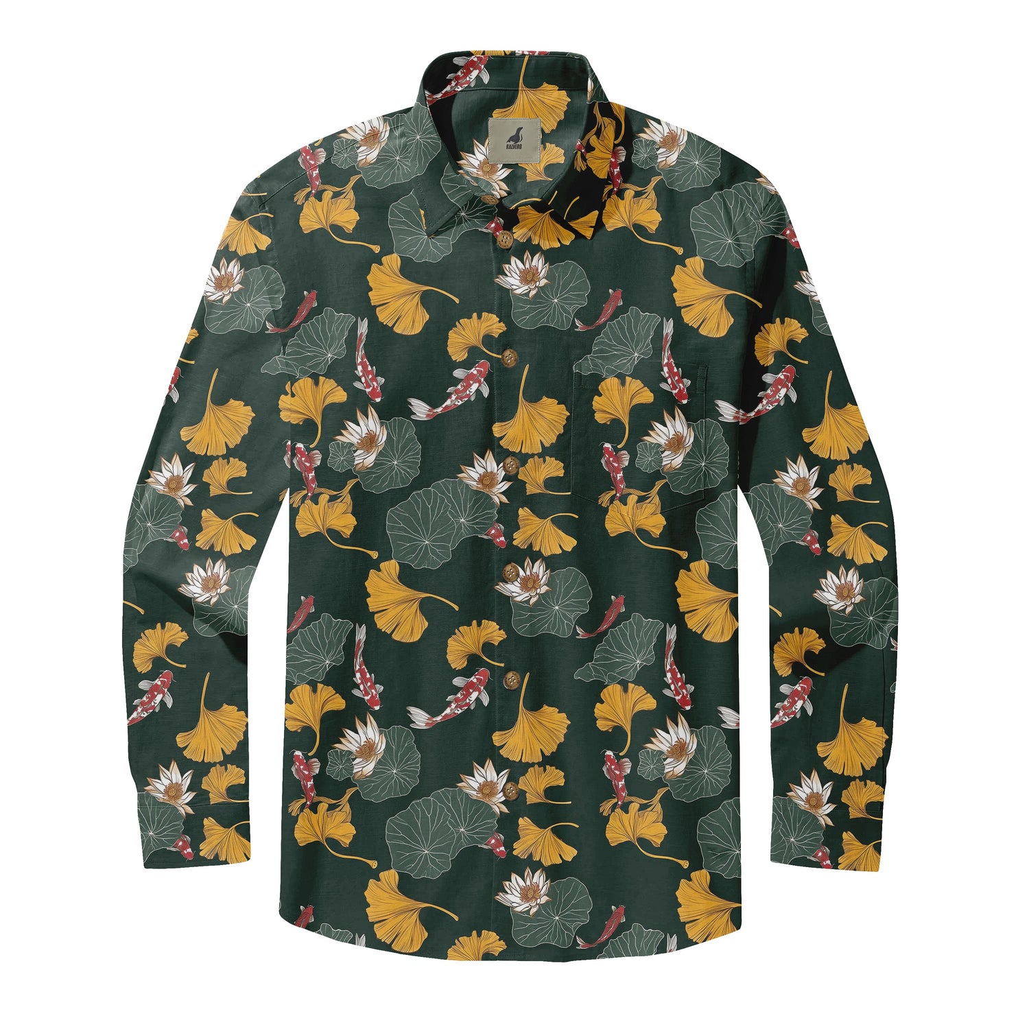 Dark Green Koi and Lotus Long Sleeve Hawaiian Shirt