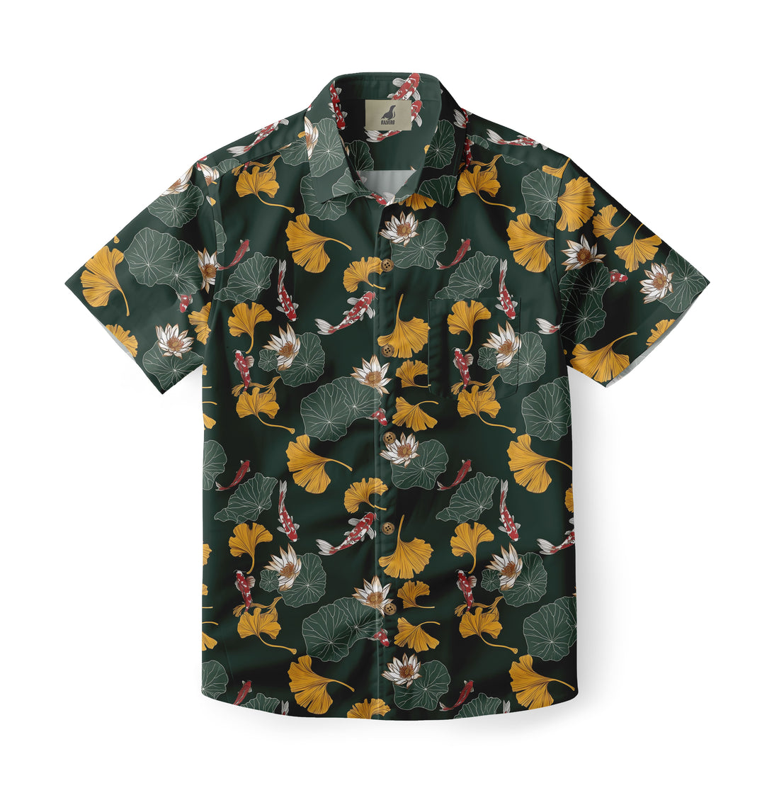 Dark Green Koi and Lotus Hawaiian Shirt