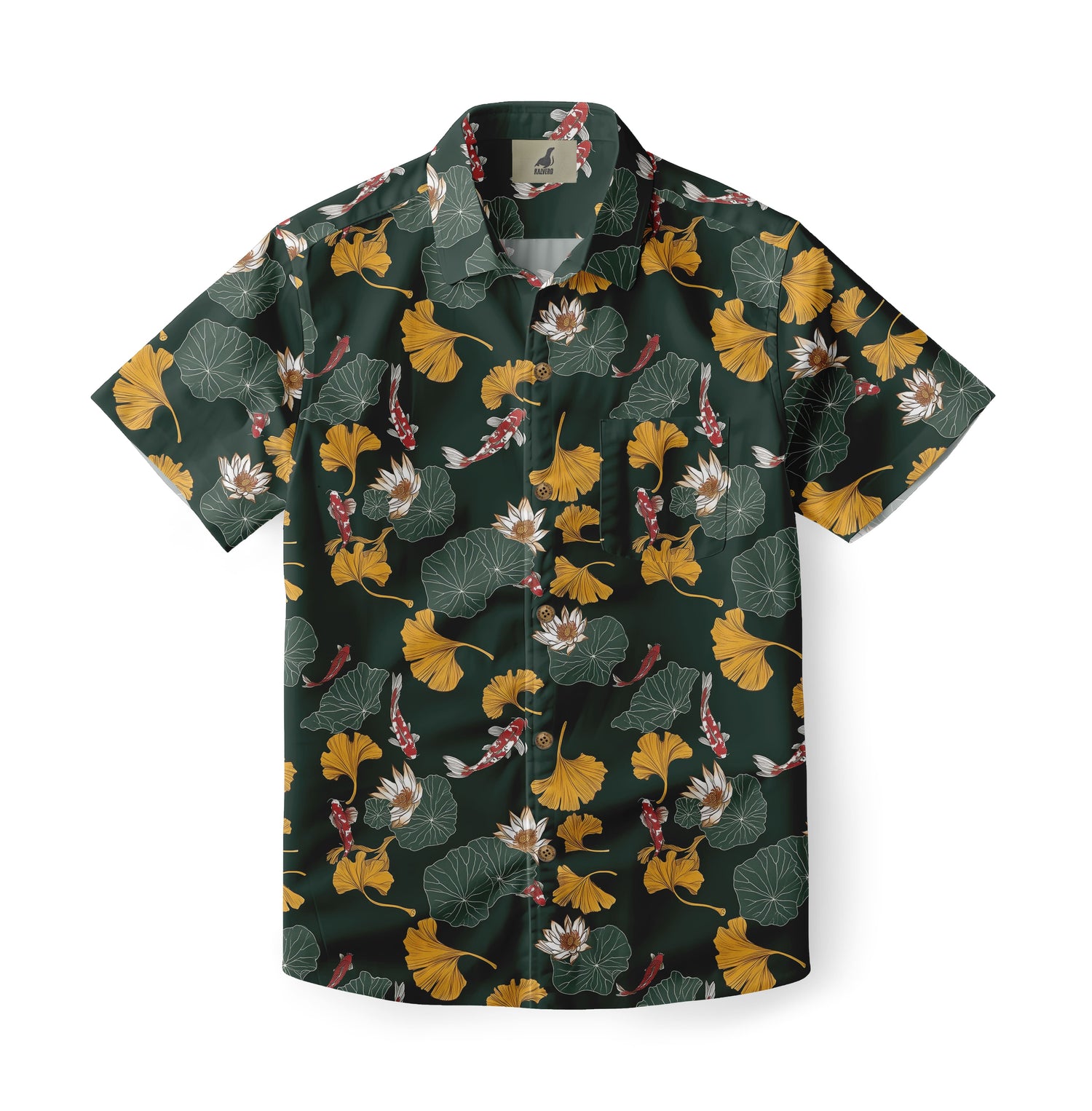 Dark Green Koi and Lotus Hawaiian Shirt