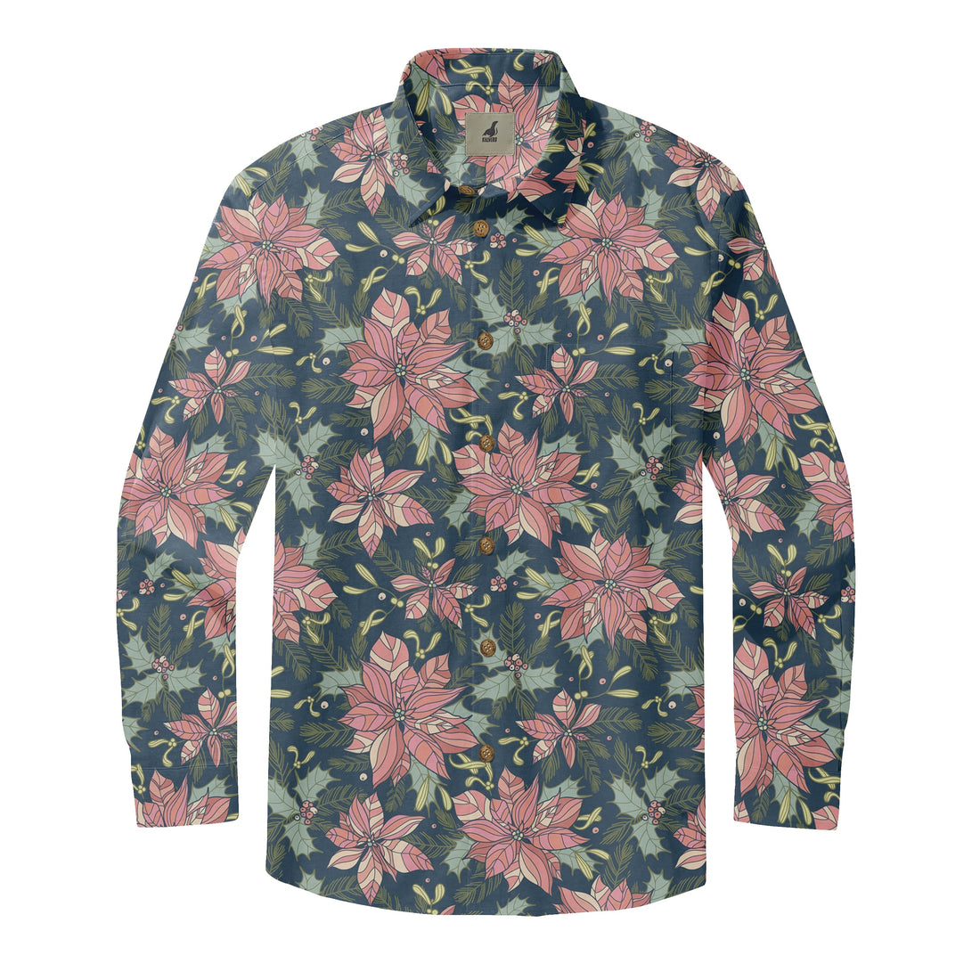 Navy Blue Christmas Poinsettia Long Sleeve Hawaiian Shirt