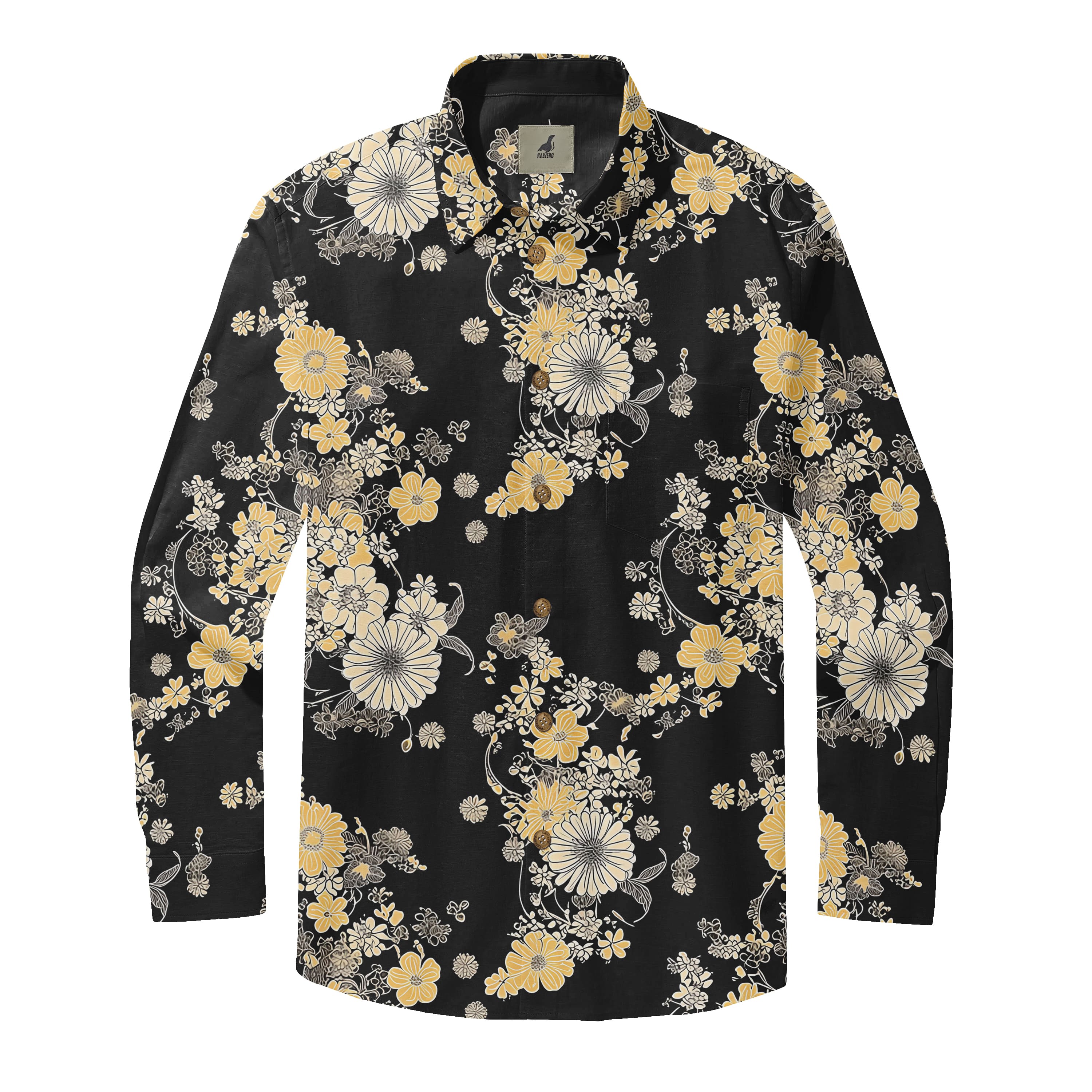 Black Vintage Yellow &amp; Cream Floral Long Sleeve Hawaiian ...
