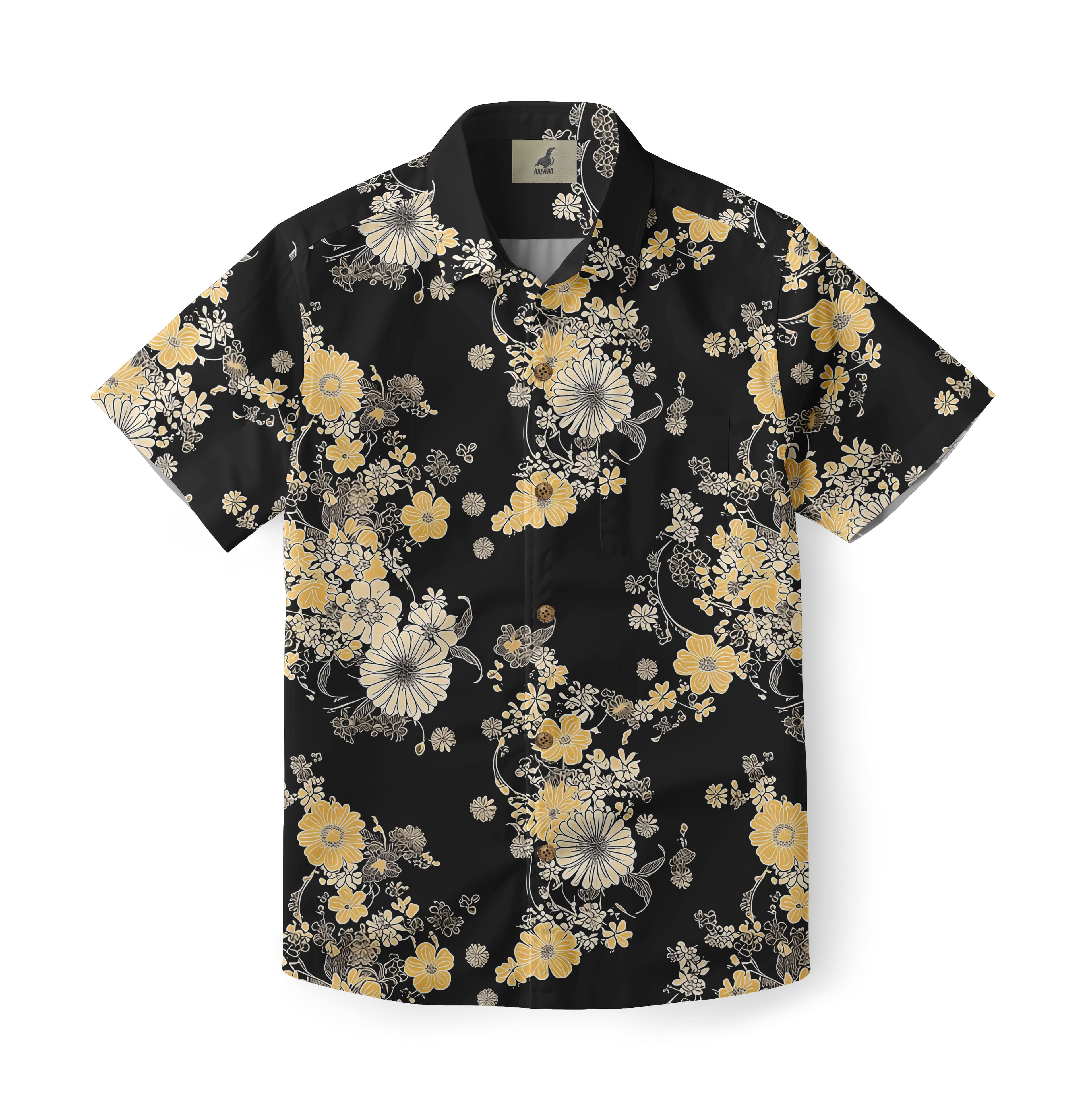 Black Vintage Yellow &amp; Cream Floral Hawaiian Shirt