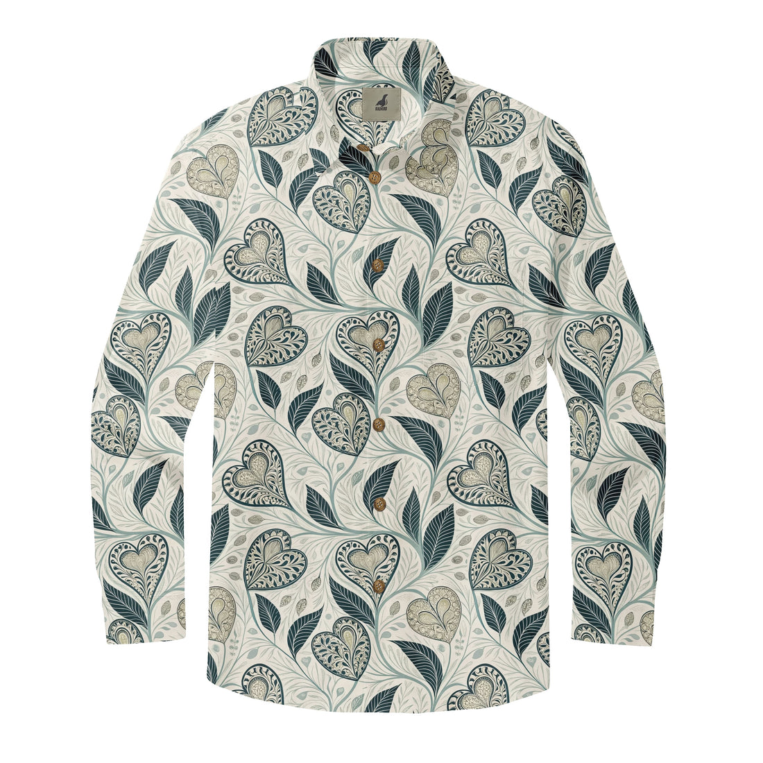 Cream Paisley Heart and Leaf Long Sleeve Hawaiian Shirt
