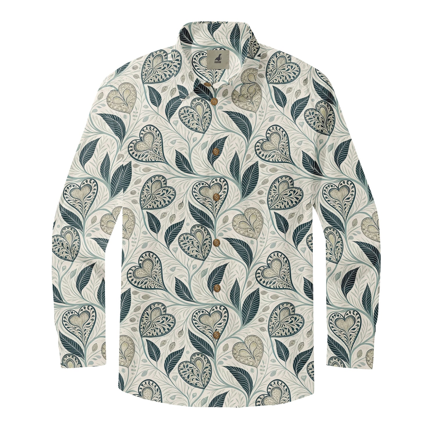 Cream Paisley Heart and Leaf Long Sleeve Hawaiian Shirt
