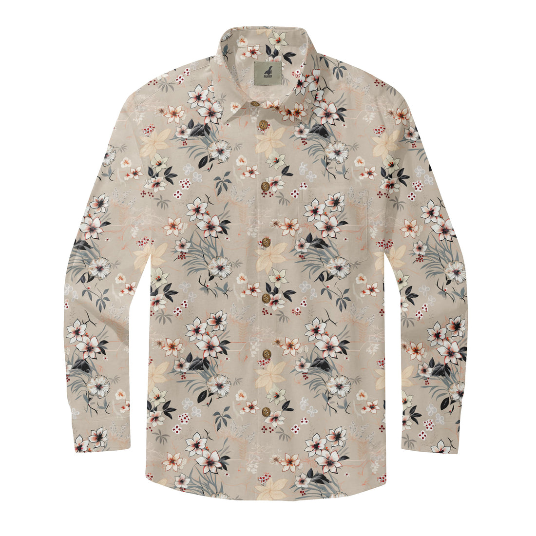 Beige Botanical Floral Long Sleeve Hawaiian Shirt