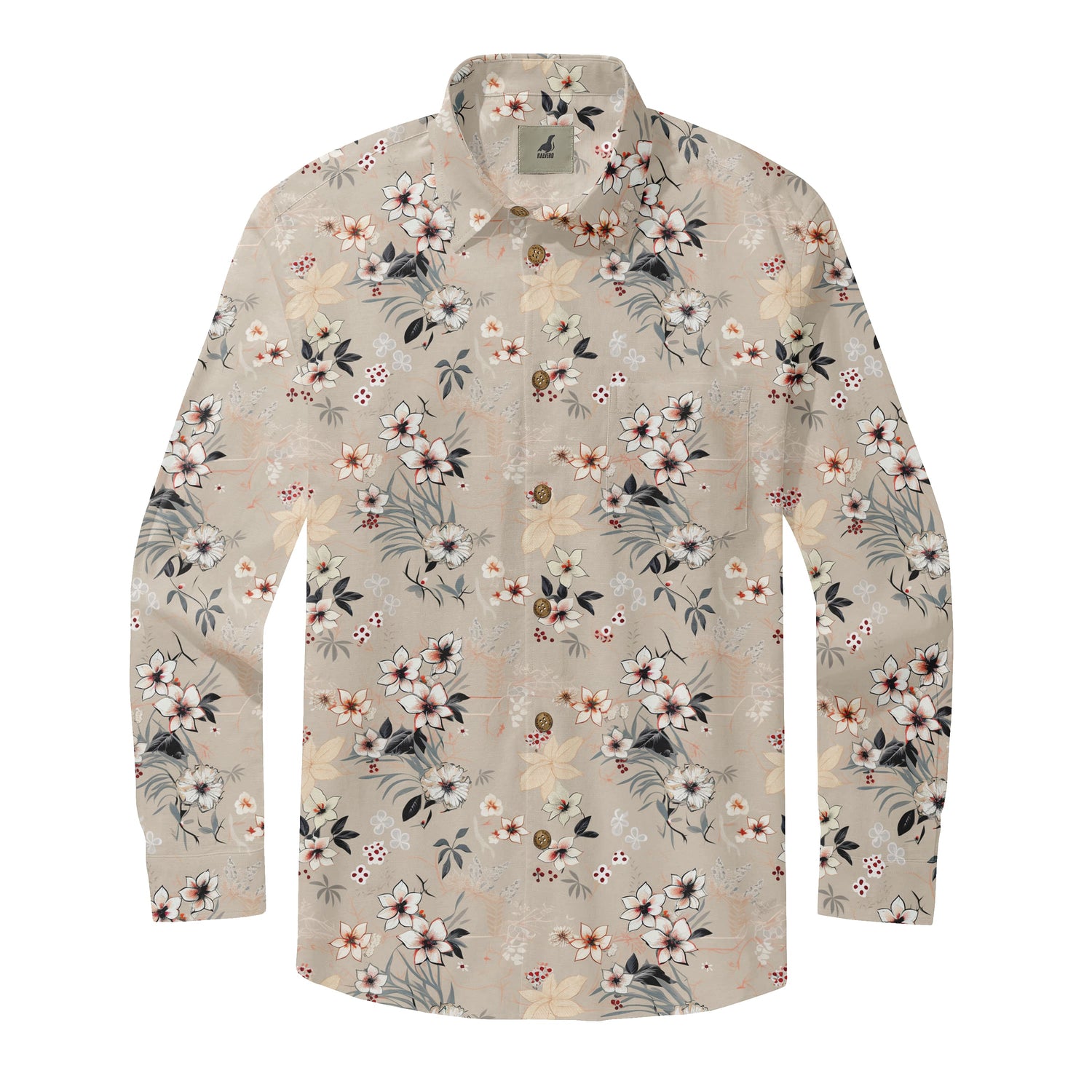 Beige Botanical Floral Long Sleeve Hawaiian Shirt