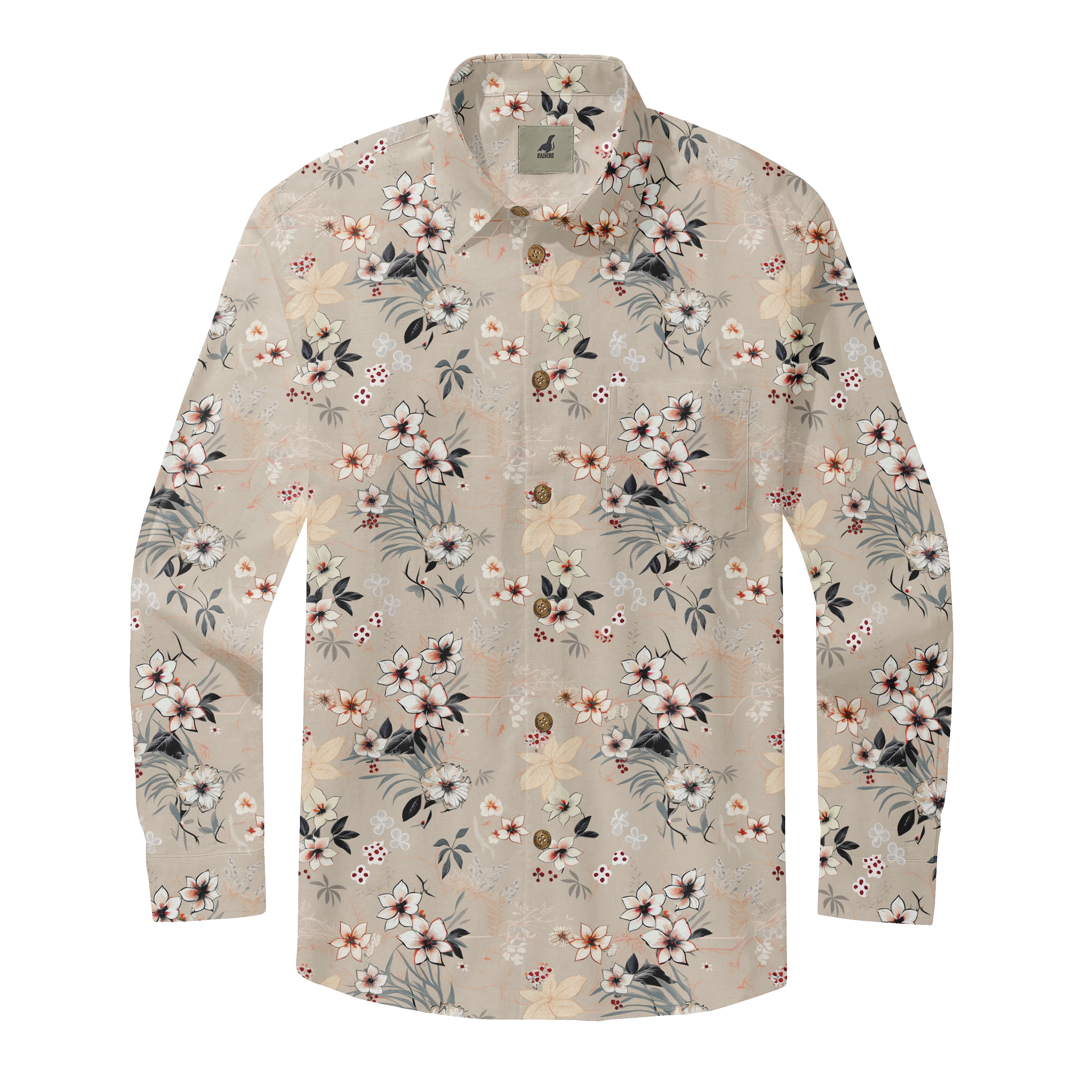 Beige Botanical Floral Long Sleeve Hawaiian Shirt