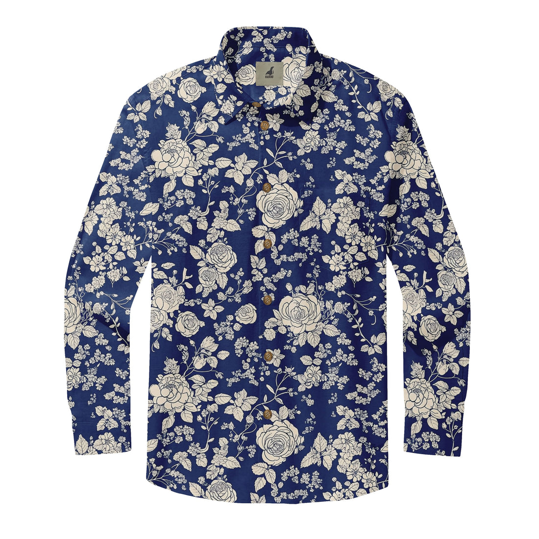 Navy Blue White Floral Long Sleeve Hawaiian Shirt