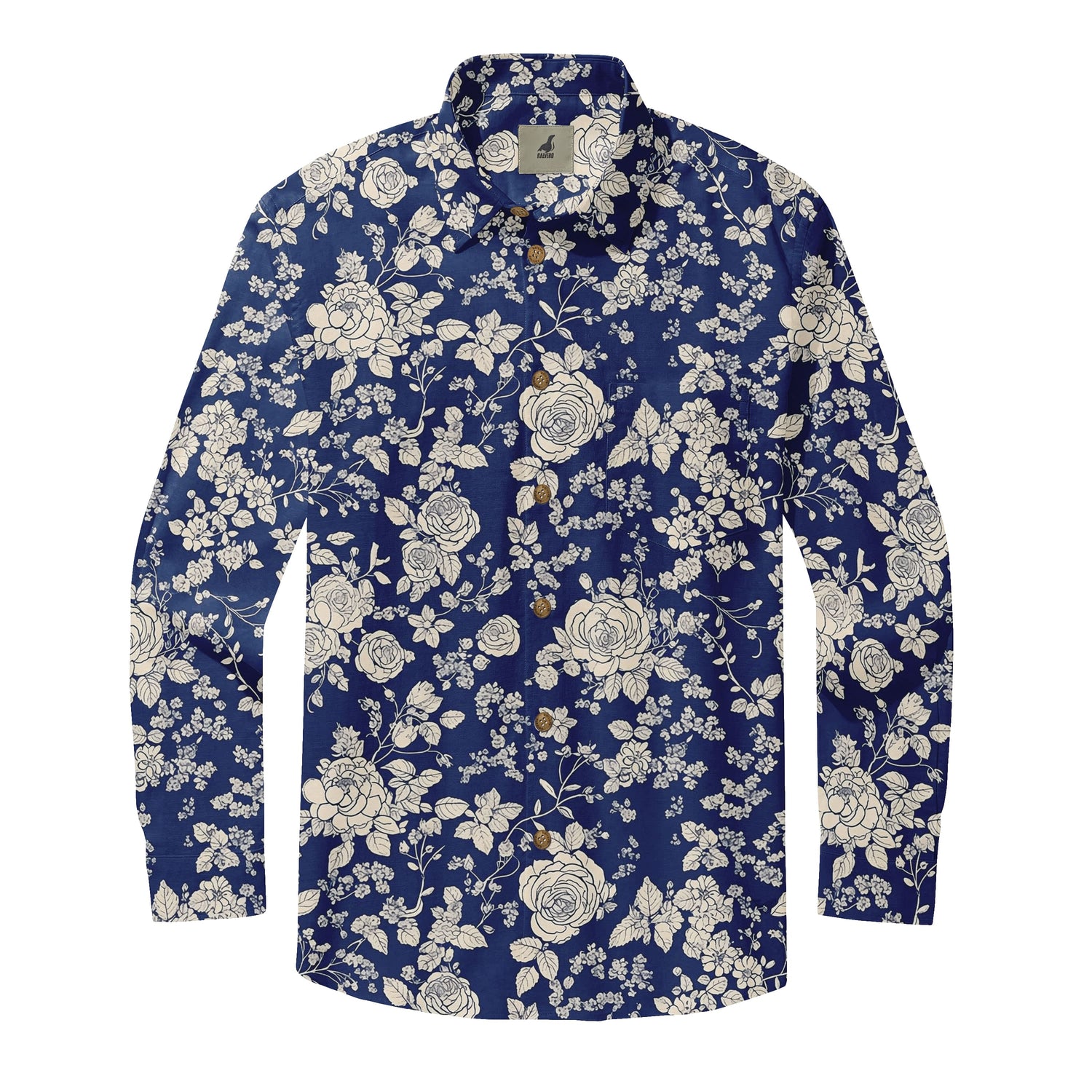 Navy Blue White Floral Long Sleeve Hawaiian Shirt