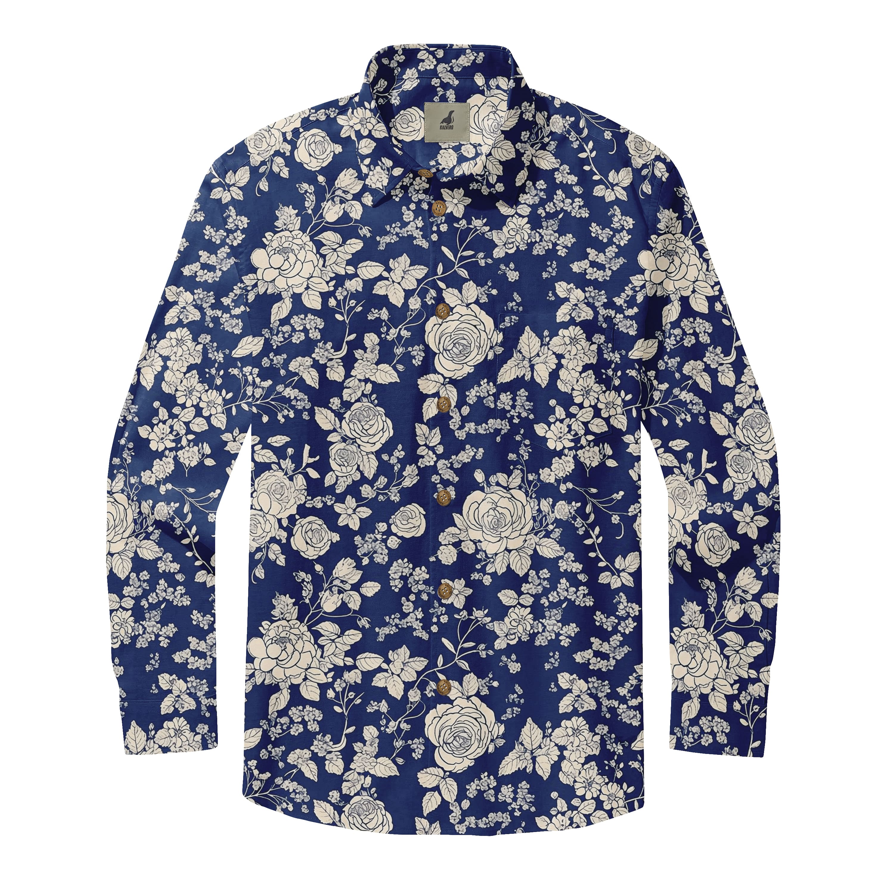 Navy Blue White Floral Long Sleeve Hawaiian Shirt