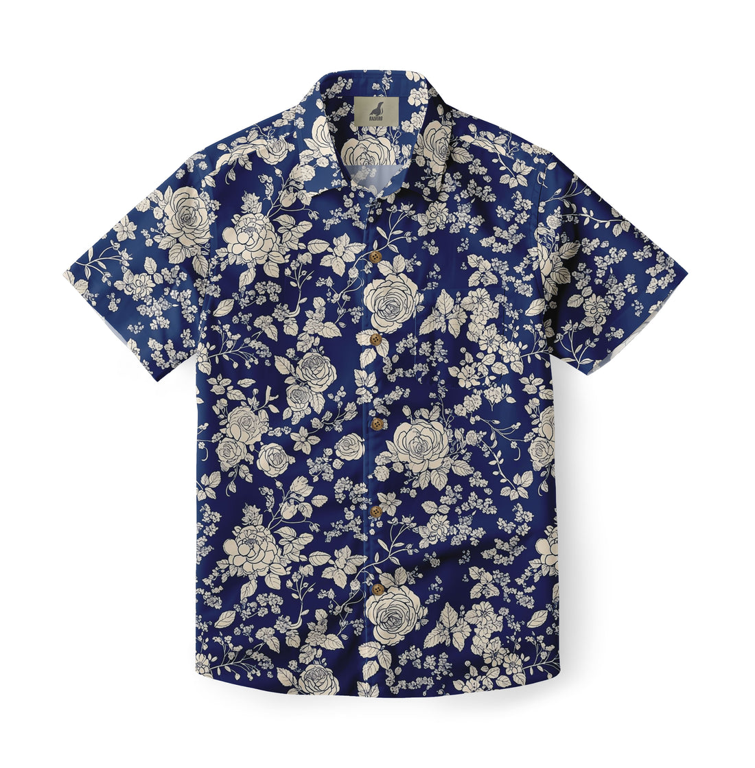 Navy Blue White Floral Hawaiian Shirt