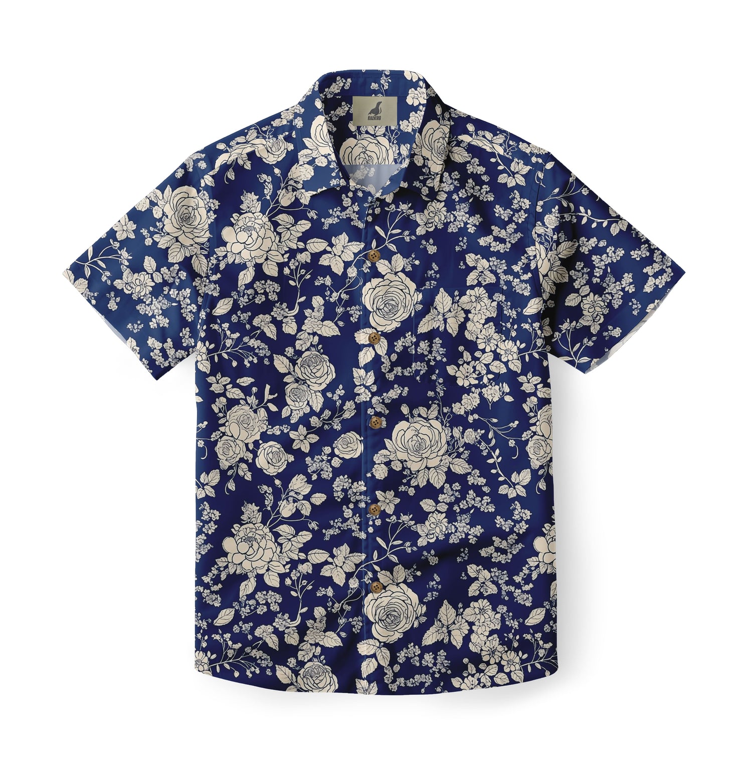 Navy Blue White Floral Hawaiian Shirt