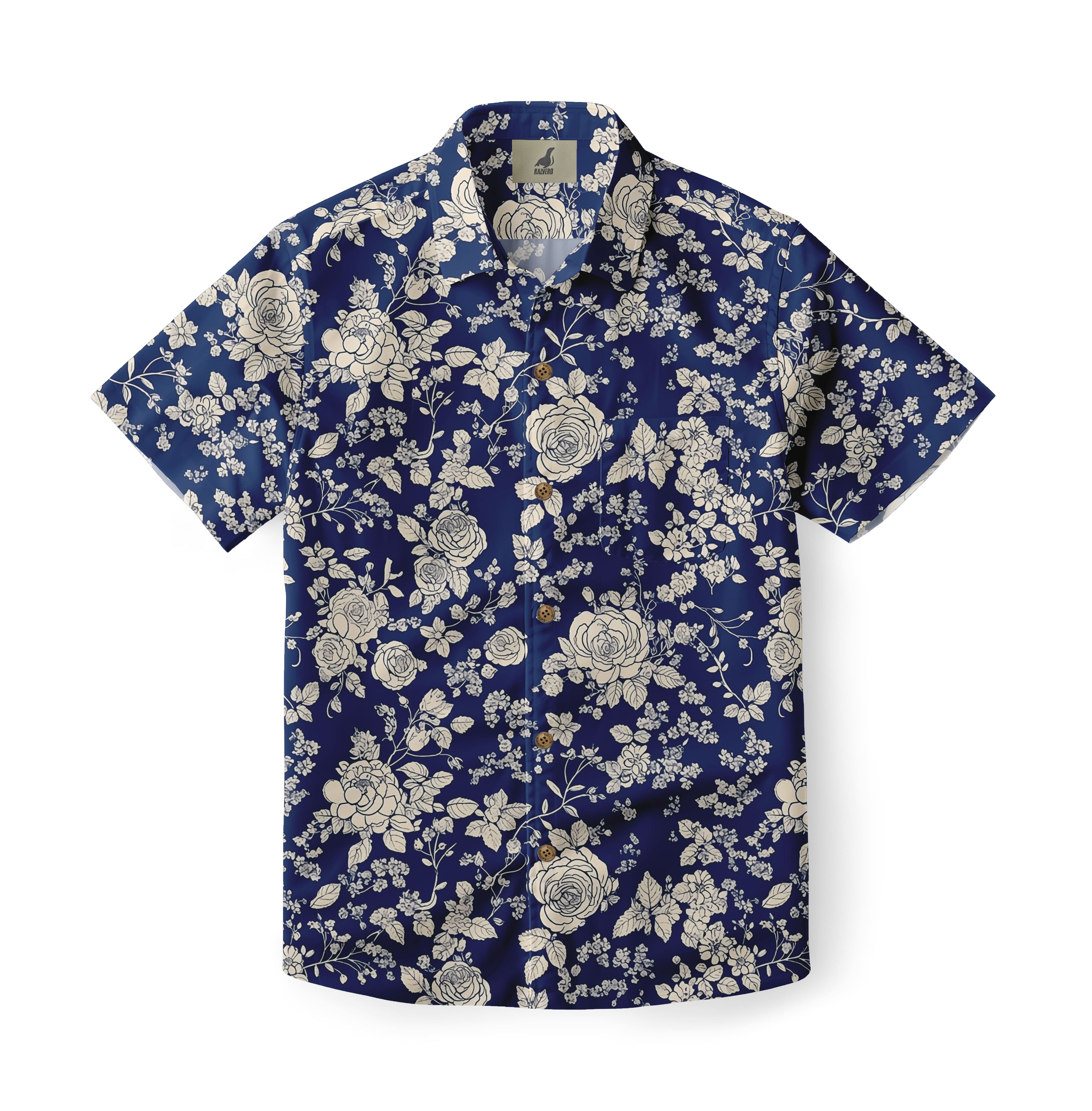 Navy Blue White Floral Hawaiian Shirt