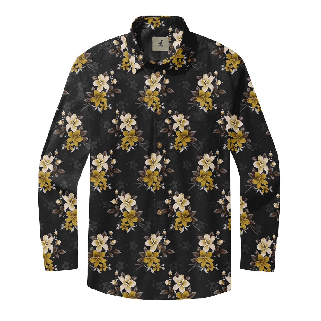 Black Yellow Plumeria Floral Long Sleeve Hawaiian Shirt