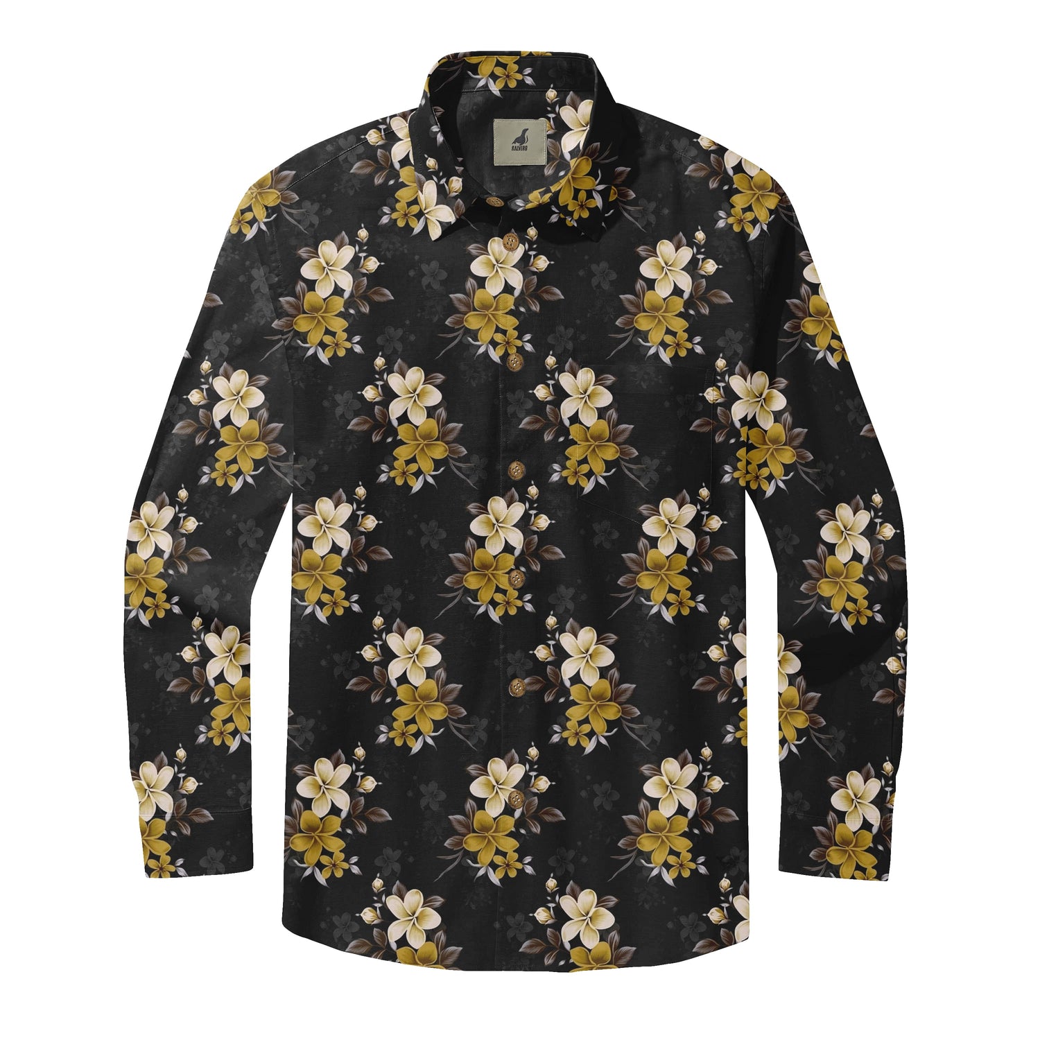 Black Yellow Plumeria Floral Long Sleeve Hawaiian Shirt