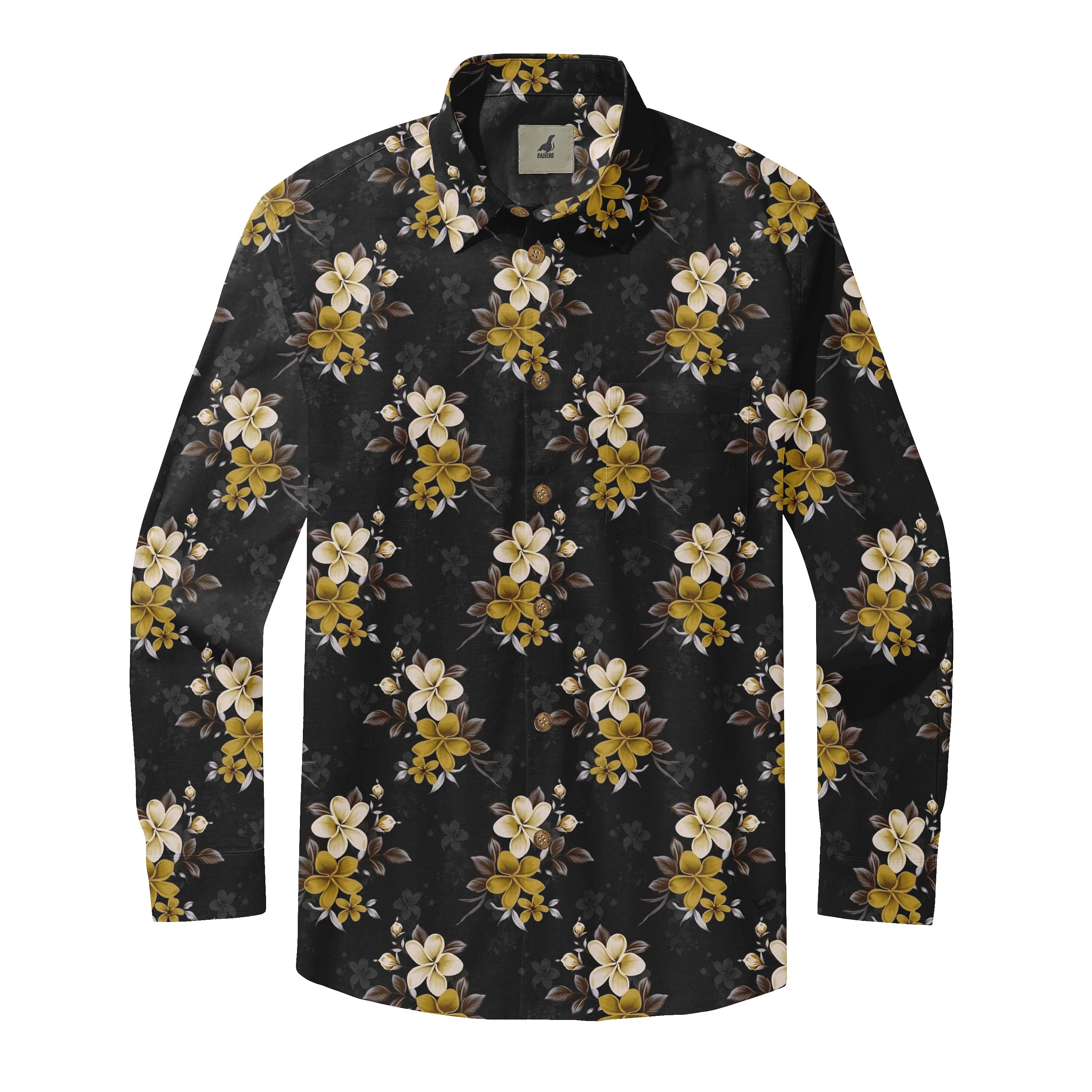 Black Yellow Plumeria Floral Long Sleeve Hawaiian Shirt