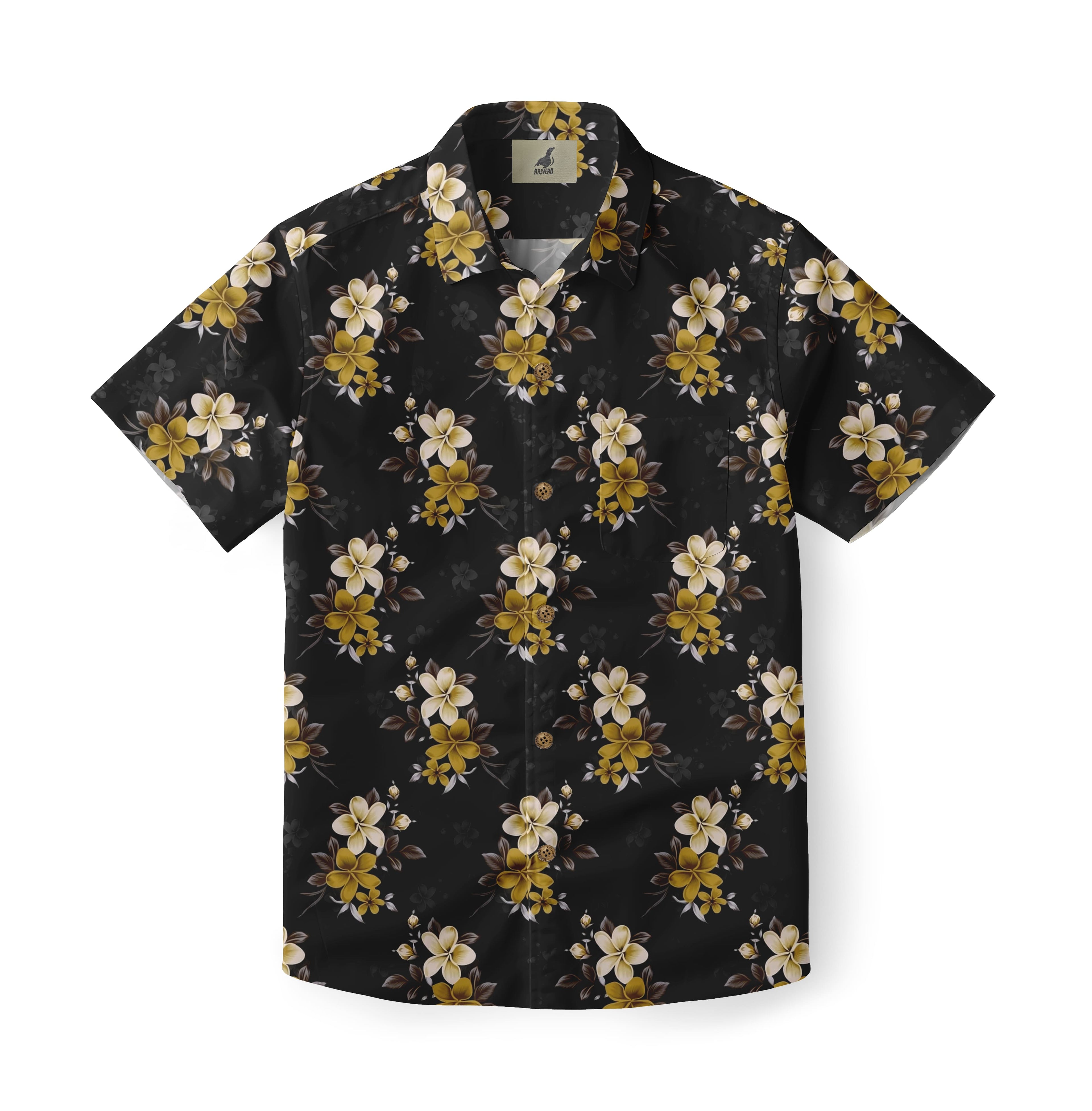 Black Yellow Plumeria Floral Hawaiian Shirt