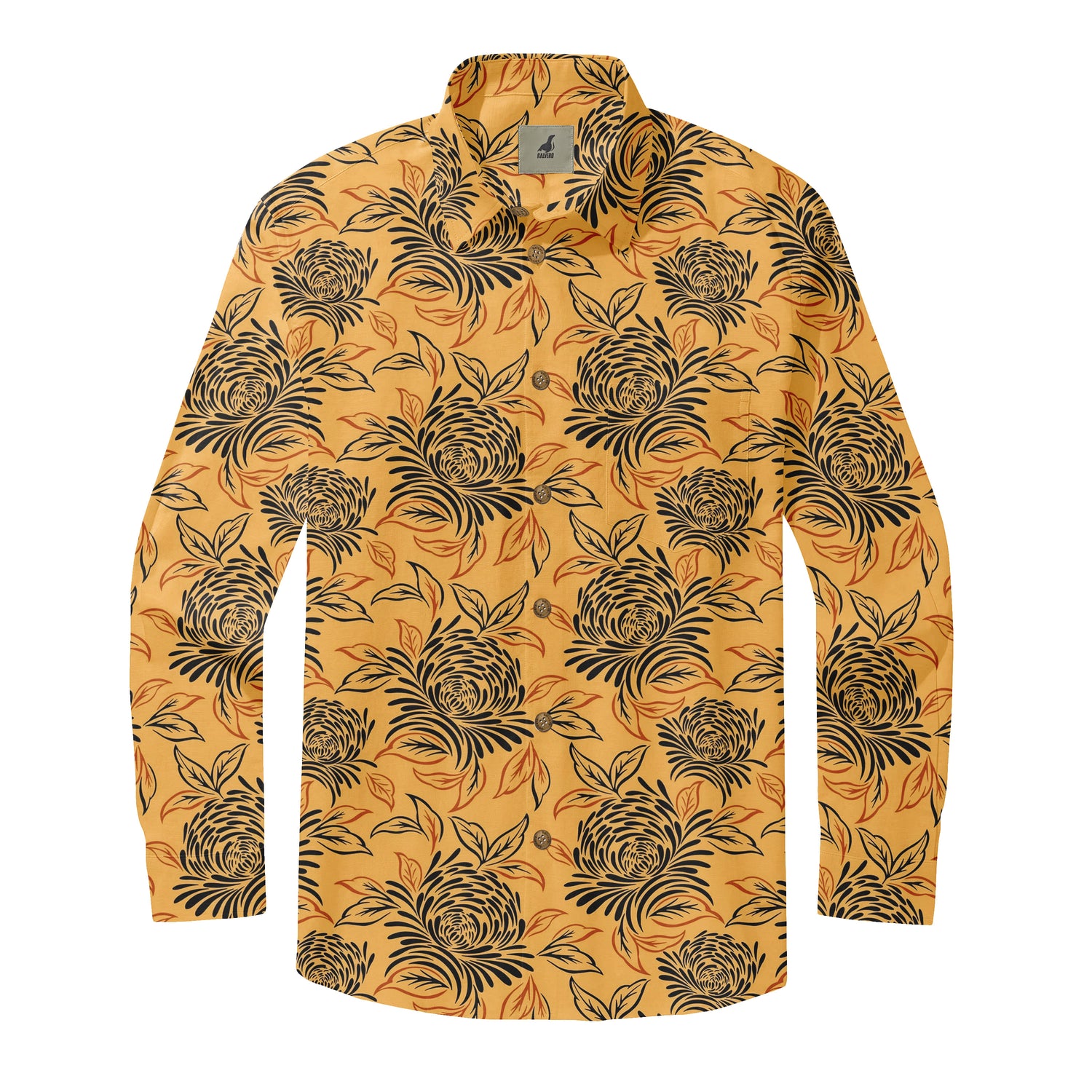 Mustard Yellow Tropical Floral Long Sleeve Hawaiian Shirt