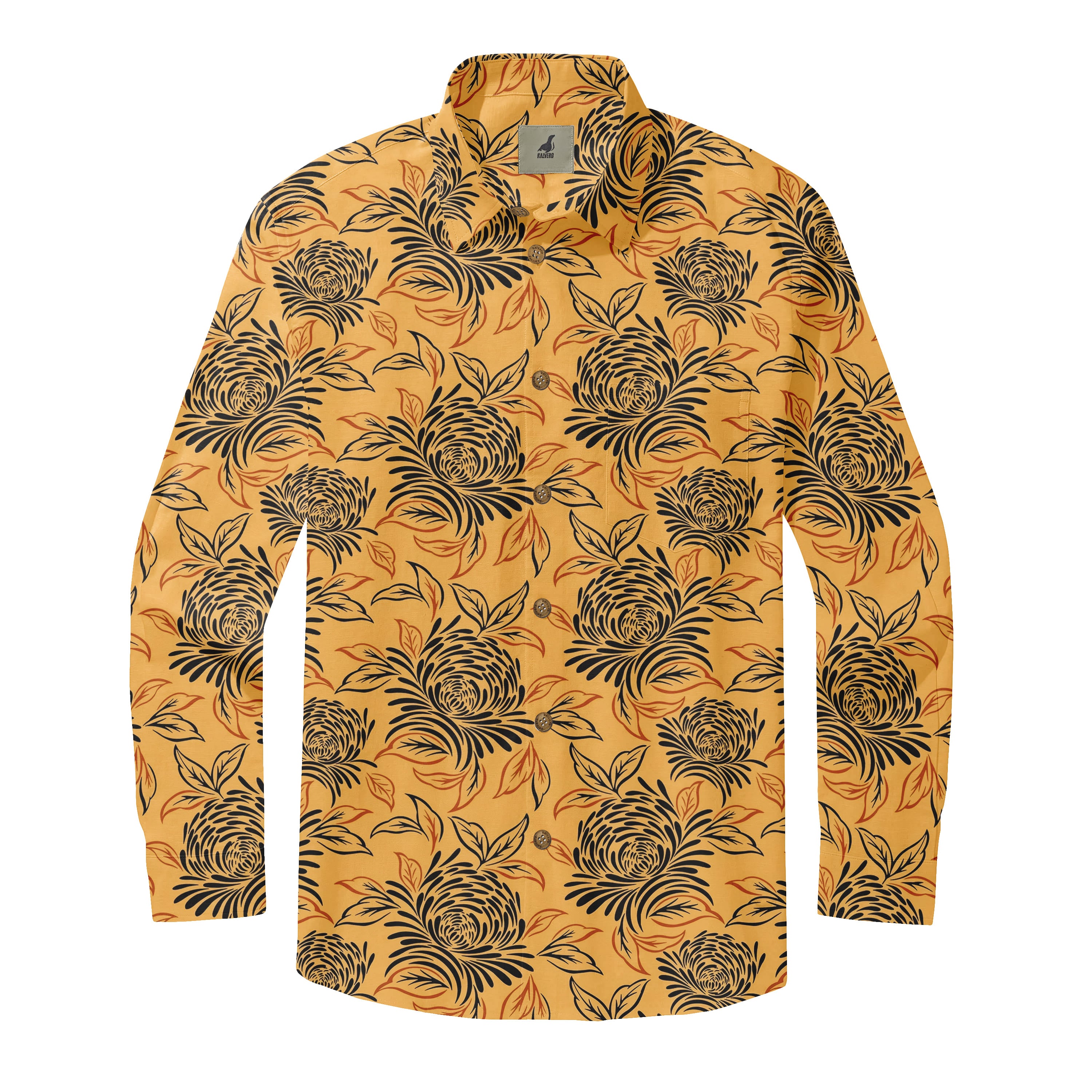 Mustard Yellow Tropical Floral Long Sleeve Hawaiian Shirt