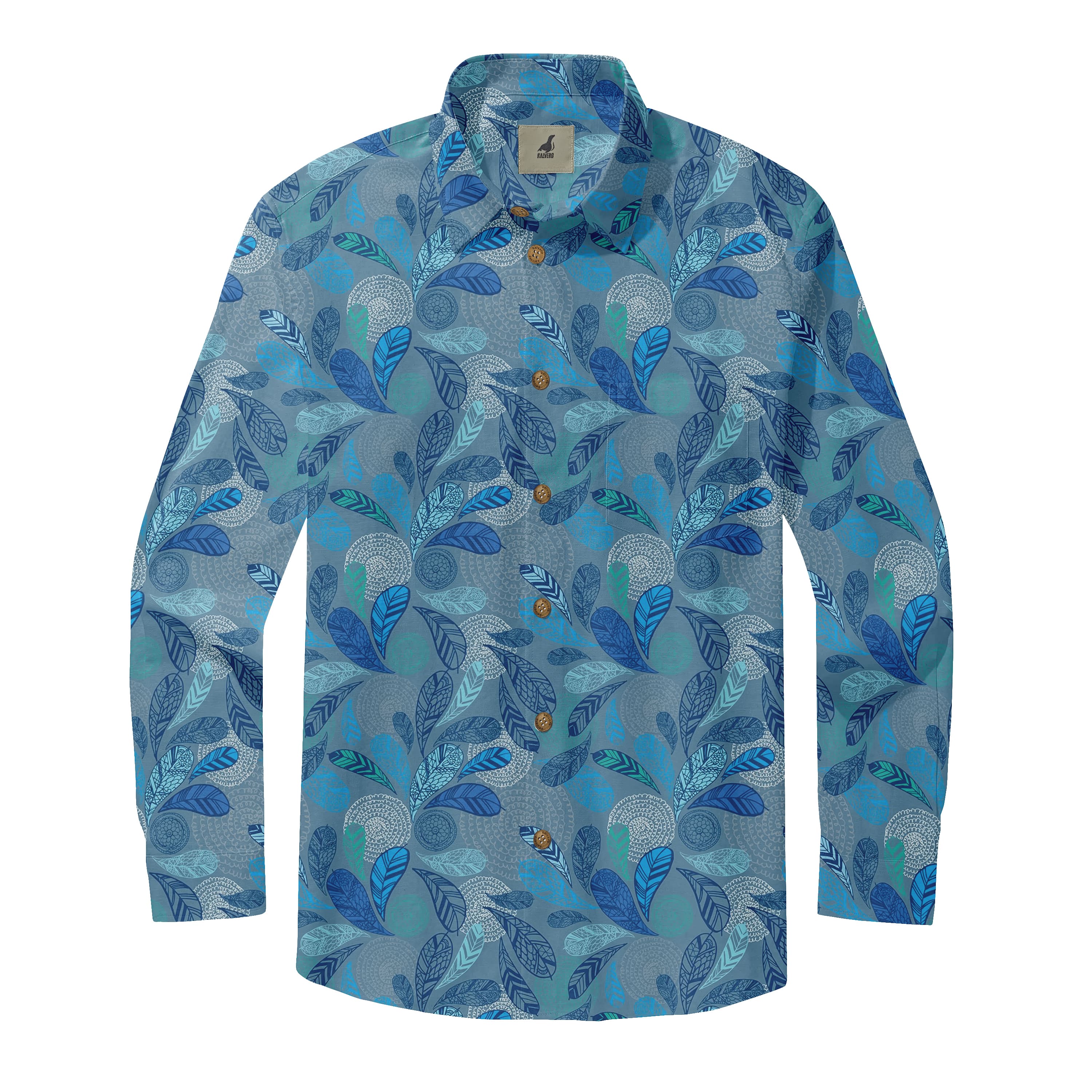 Blue Abstract Leaf Long Sleeve Hawaiian Shirt