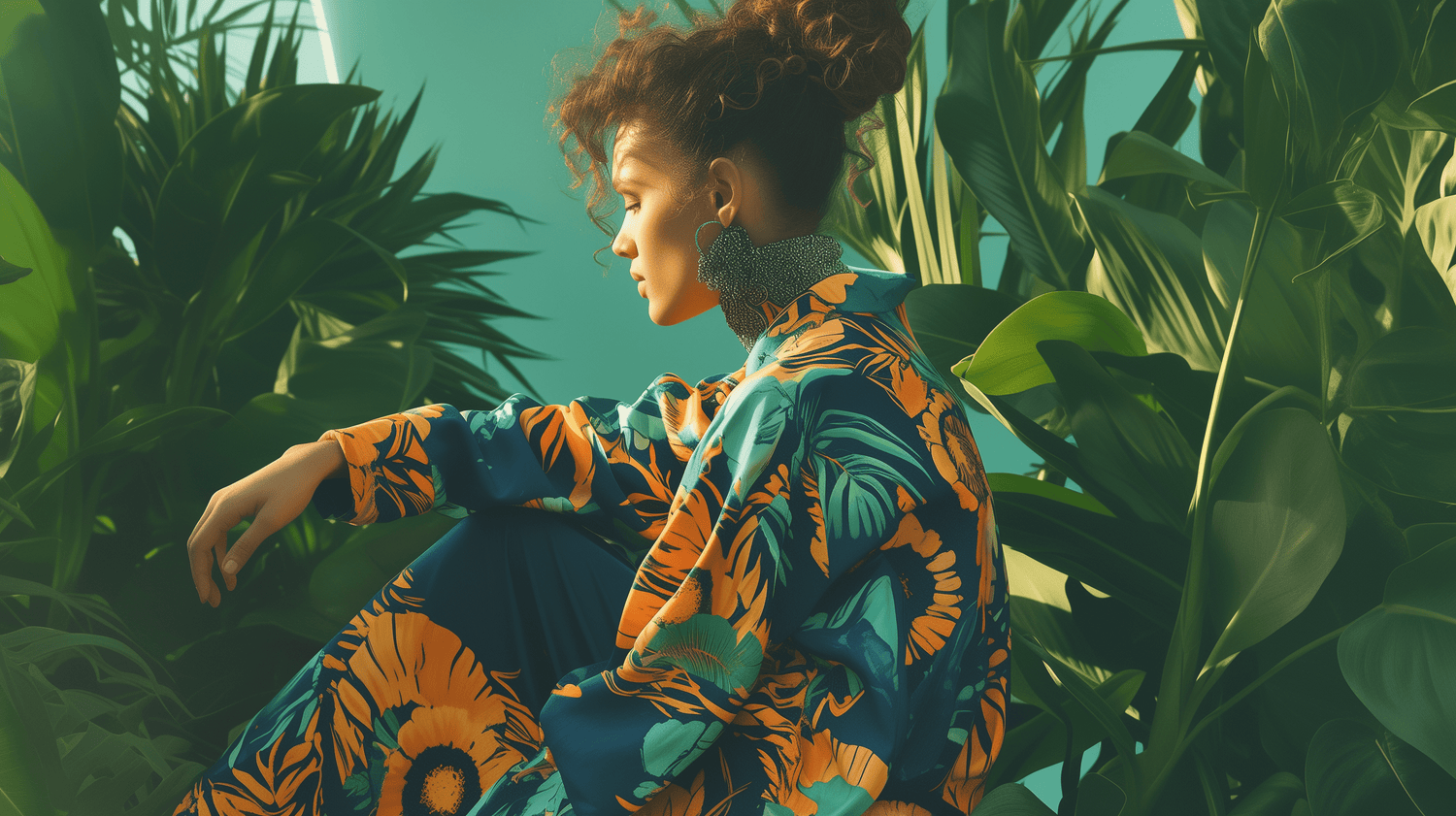 A woman wearing a brightly colored floral outfit, sitting amidst lush green plants. The vibrant orange and teal patterns on her attire contrast beautifully with the greenery, showcasing KALVERO's eco-friendly fashion collection.