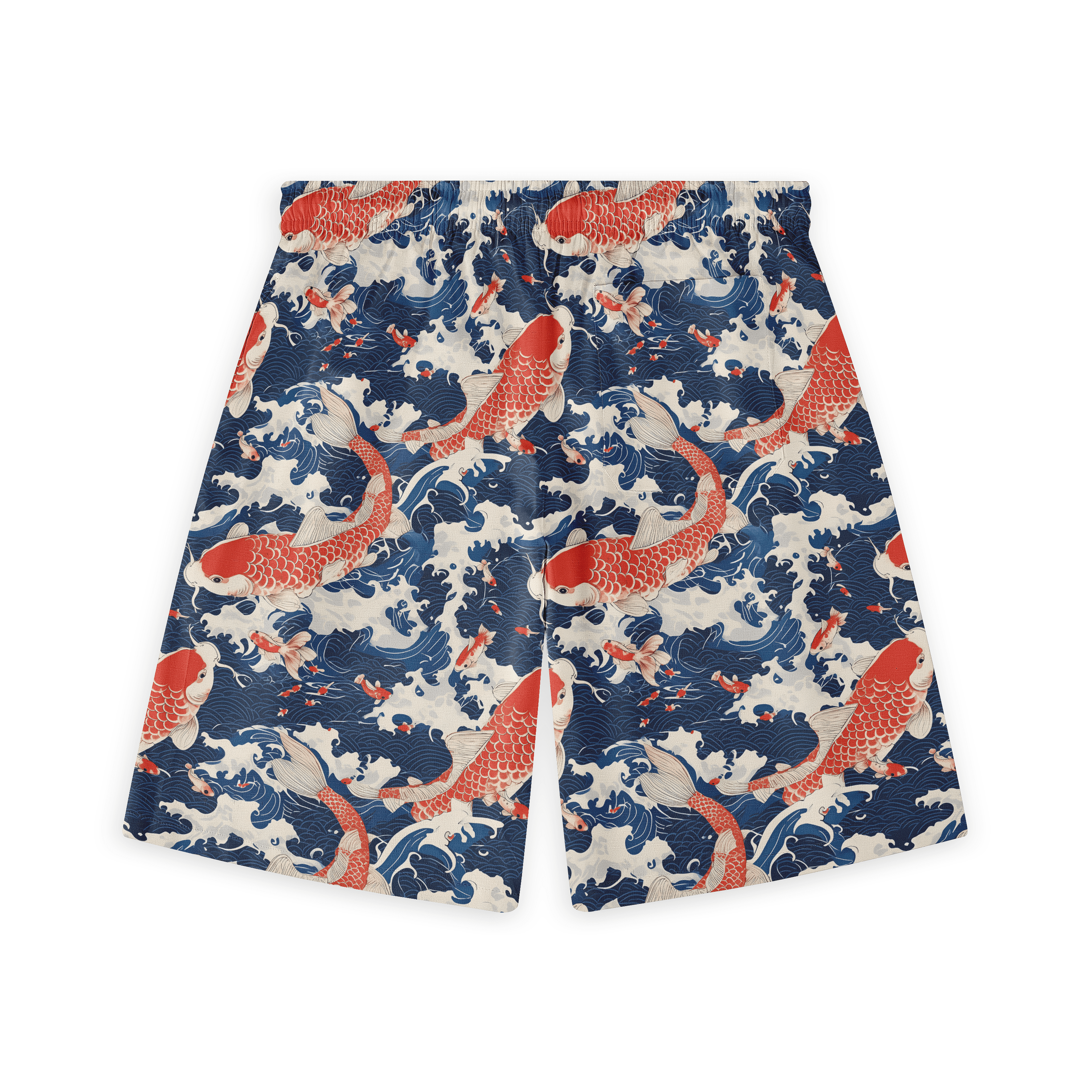 Short with koi fish and swirling water patterns in red, blue, and white.