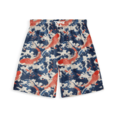 Short with koi fish and swirling water patterns in red, blue, and white.