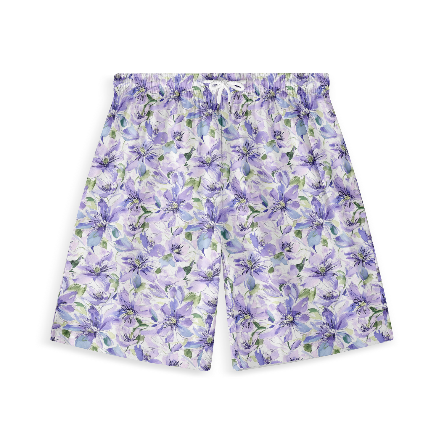 A pair of shorts featuring intricate purple and green flowers on a light background, creating a soft and elegant floral design.