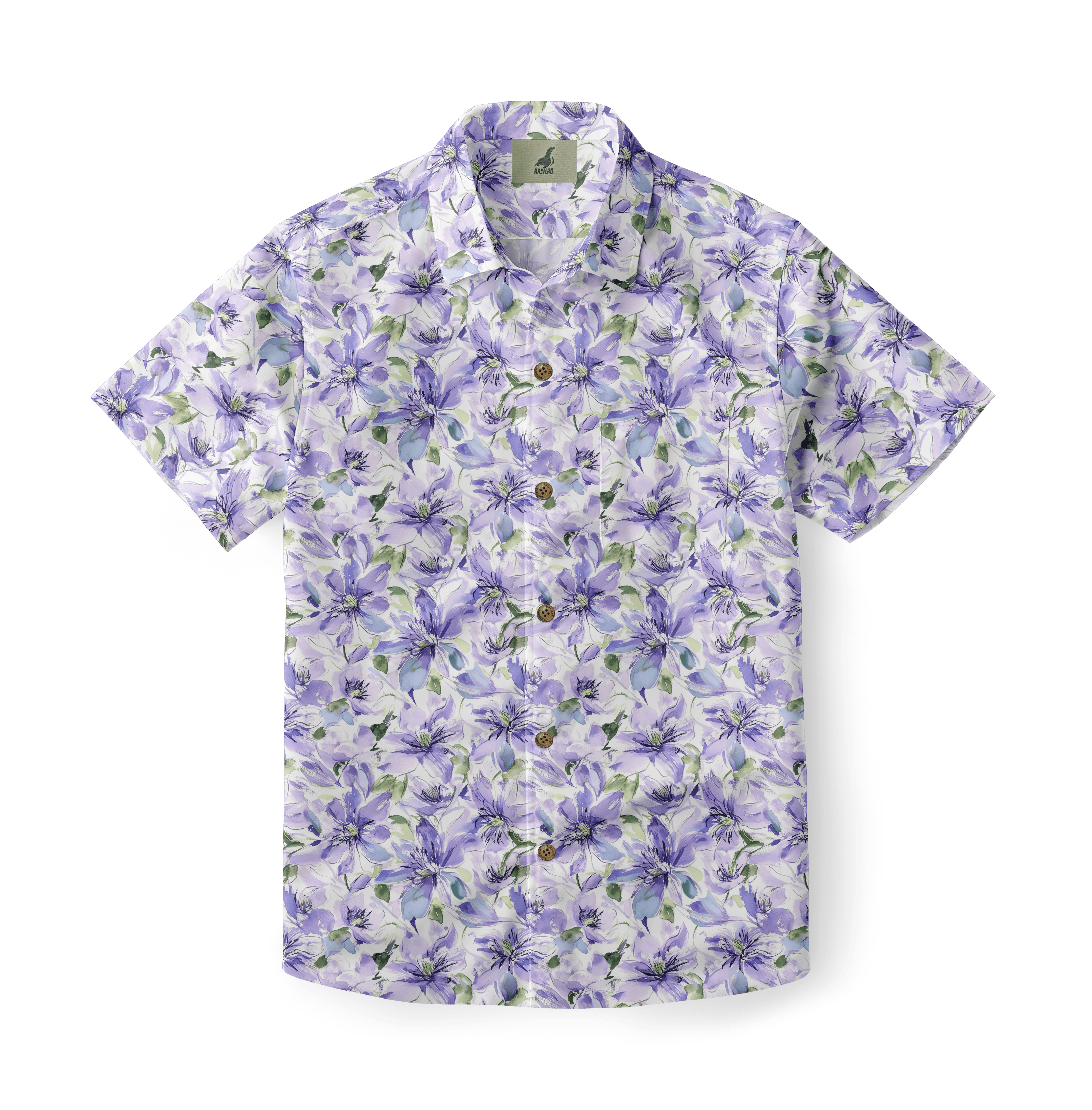 A short-sleeve shirt with a soft lavender floral pattern on a light background.