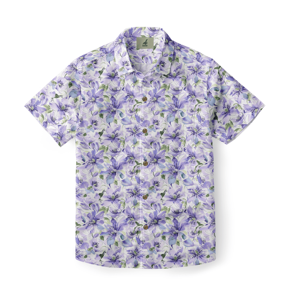 Purple floral short-sleeve button-up shirt.