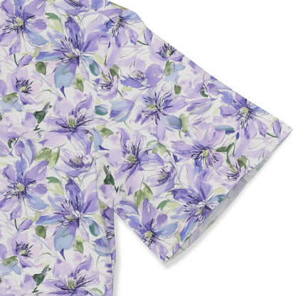 A pastel shirt featuring delicate lavender blossoms.