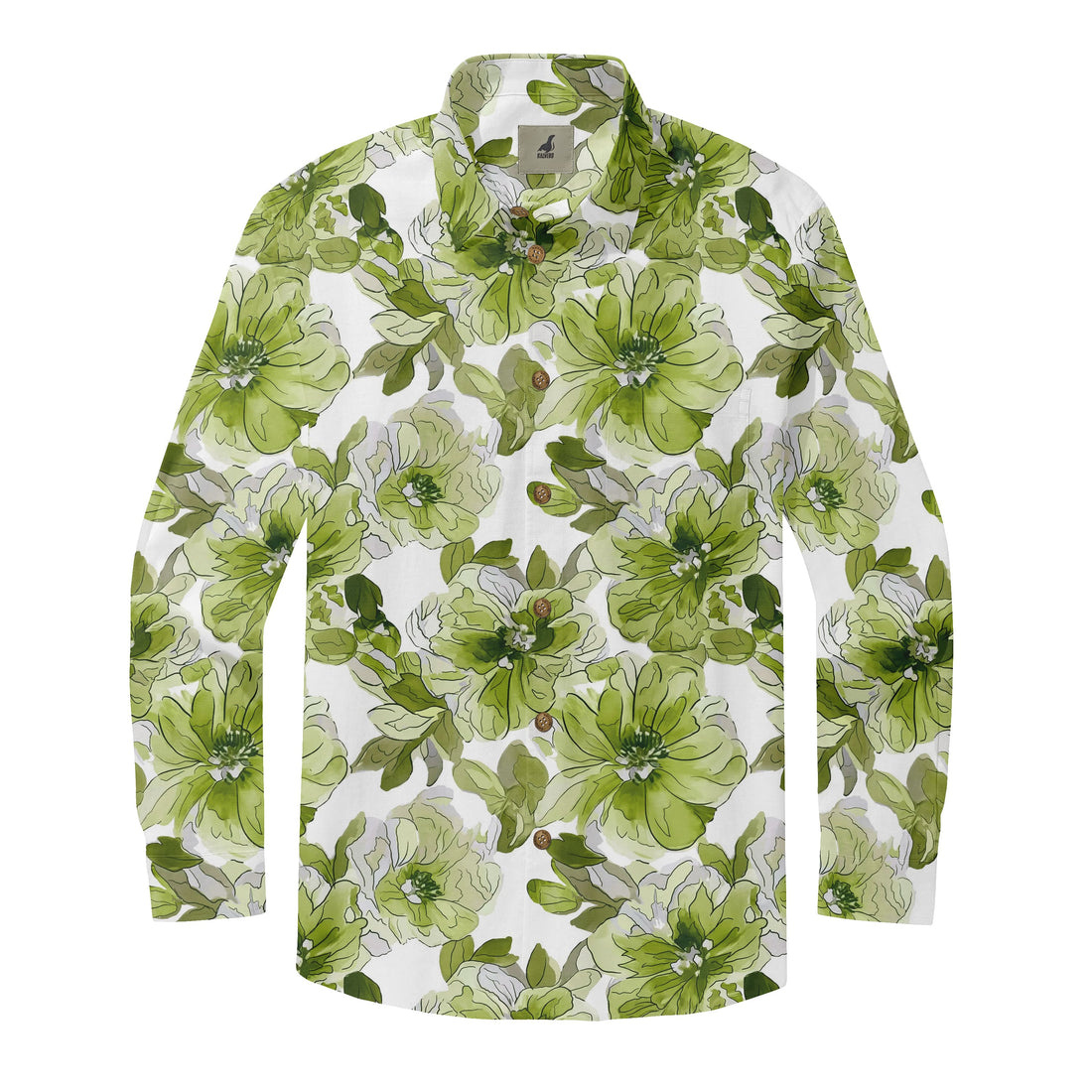 White Green Floral Long Sleeve Hawaiian Shirt