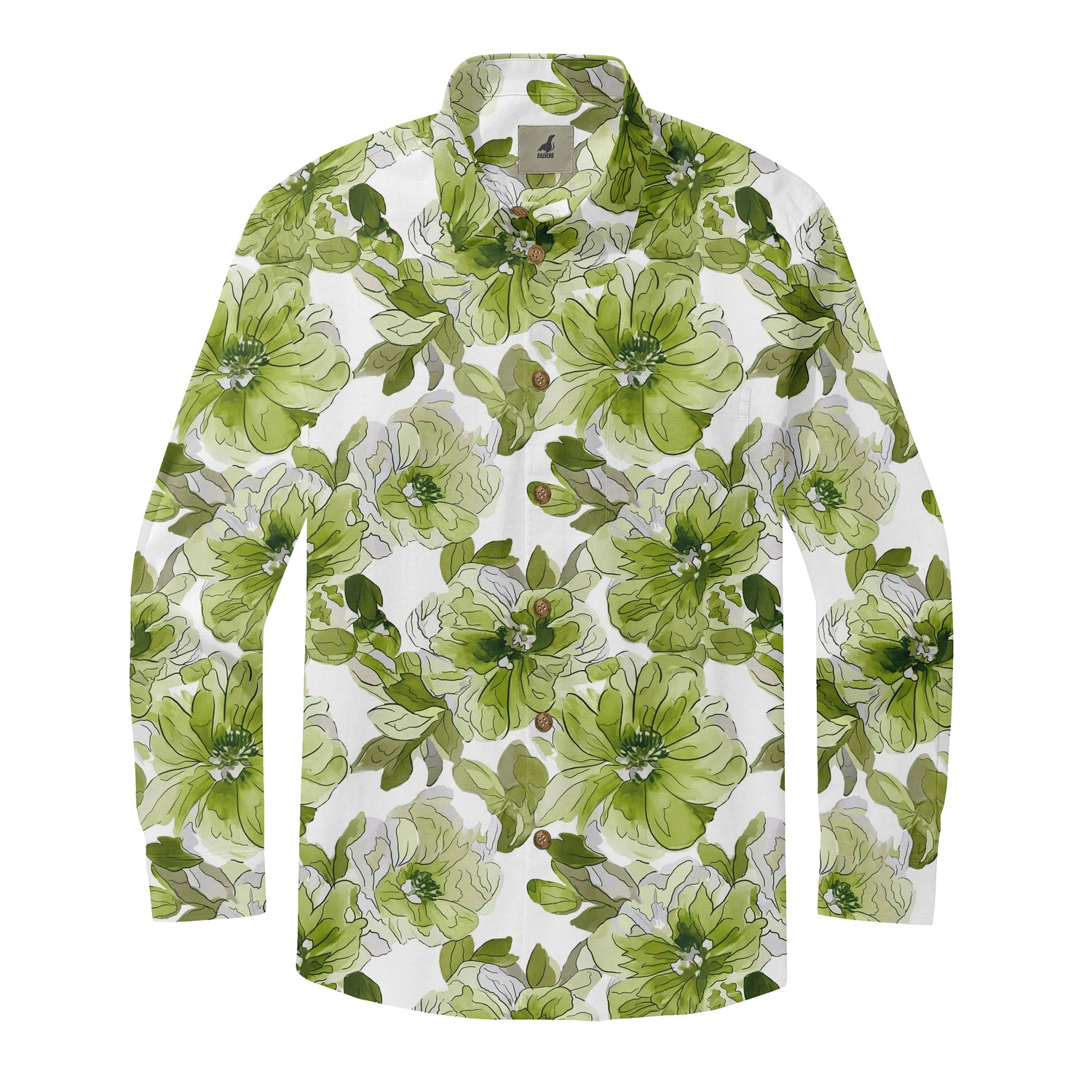 White Green Floral Long Sleeve Hawaiian Shirt