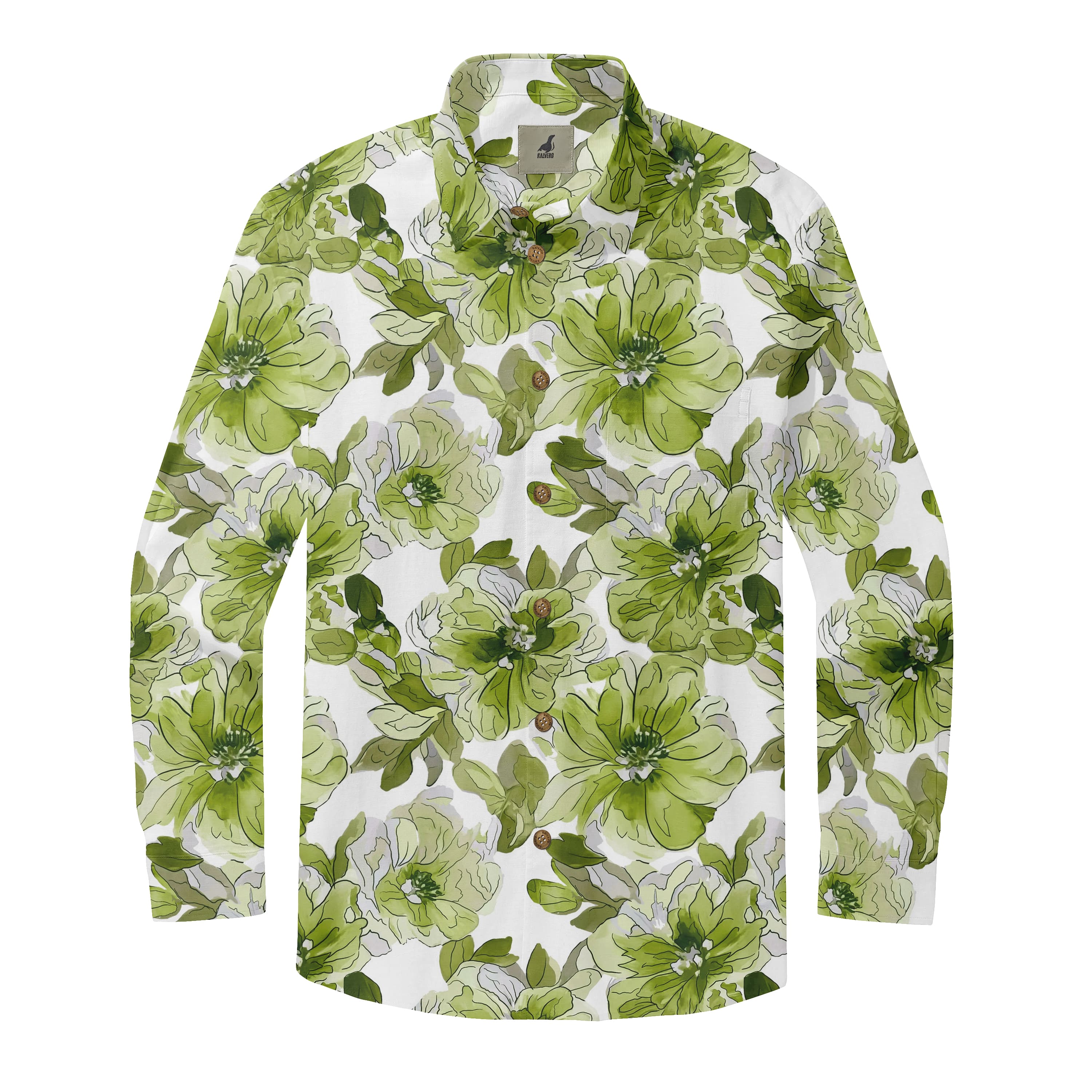 White Green Floral Long Sleeve Hawaiian Shirt