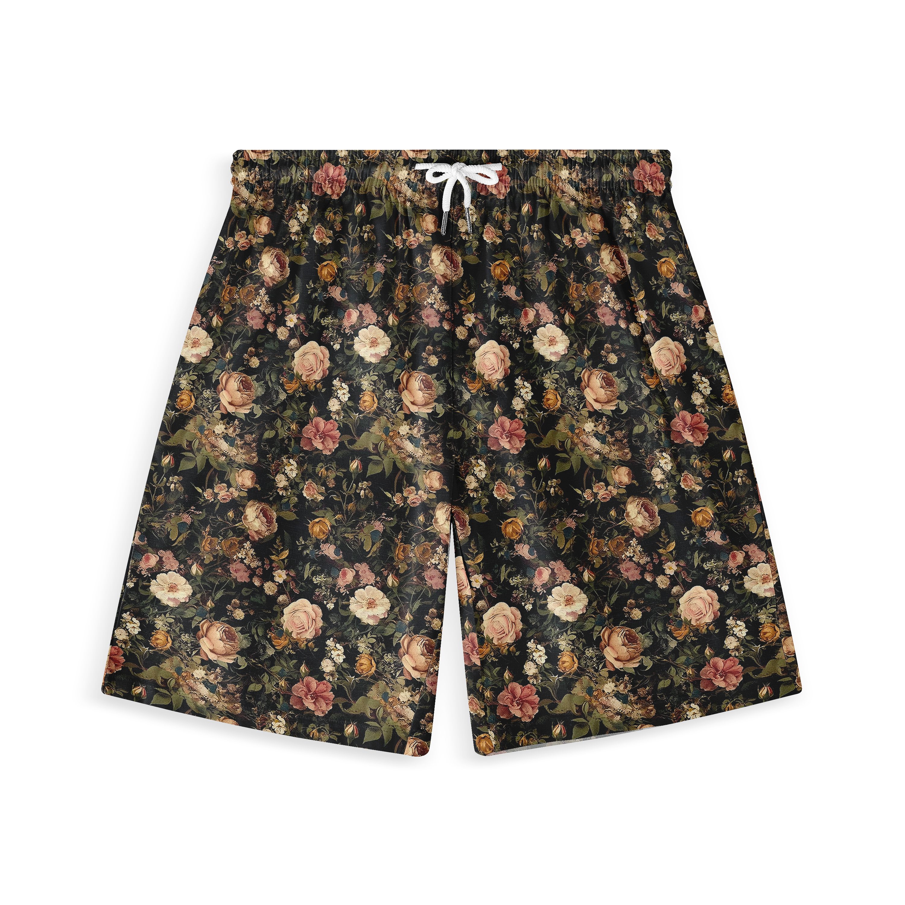 A pair of shorts featuring a design with a rich array of vintage-style flowers in various warm tones on a dark background, creating a classic and elegant look.