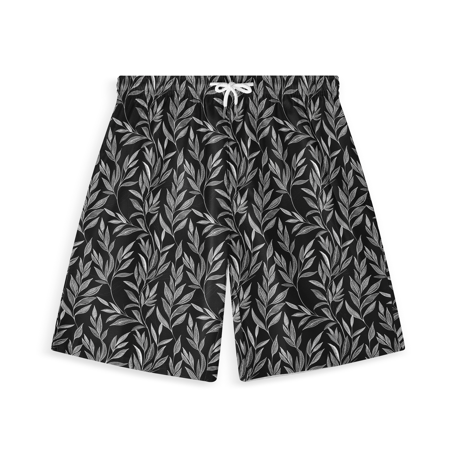 A pair of shorts featuring a design with intricate silver leaves gracefully arranged on a black background, creating a sophisticated and elegant pattern.