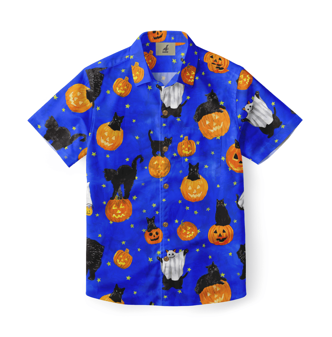 Blue Hawaiian shirt with Halloween theme: black cats.