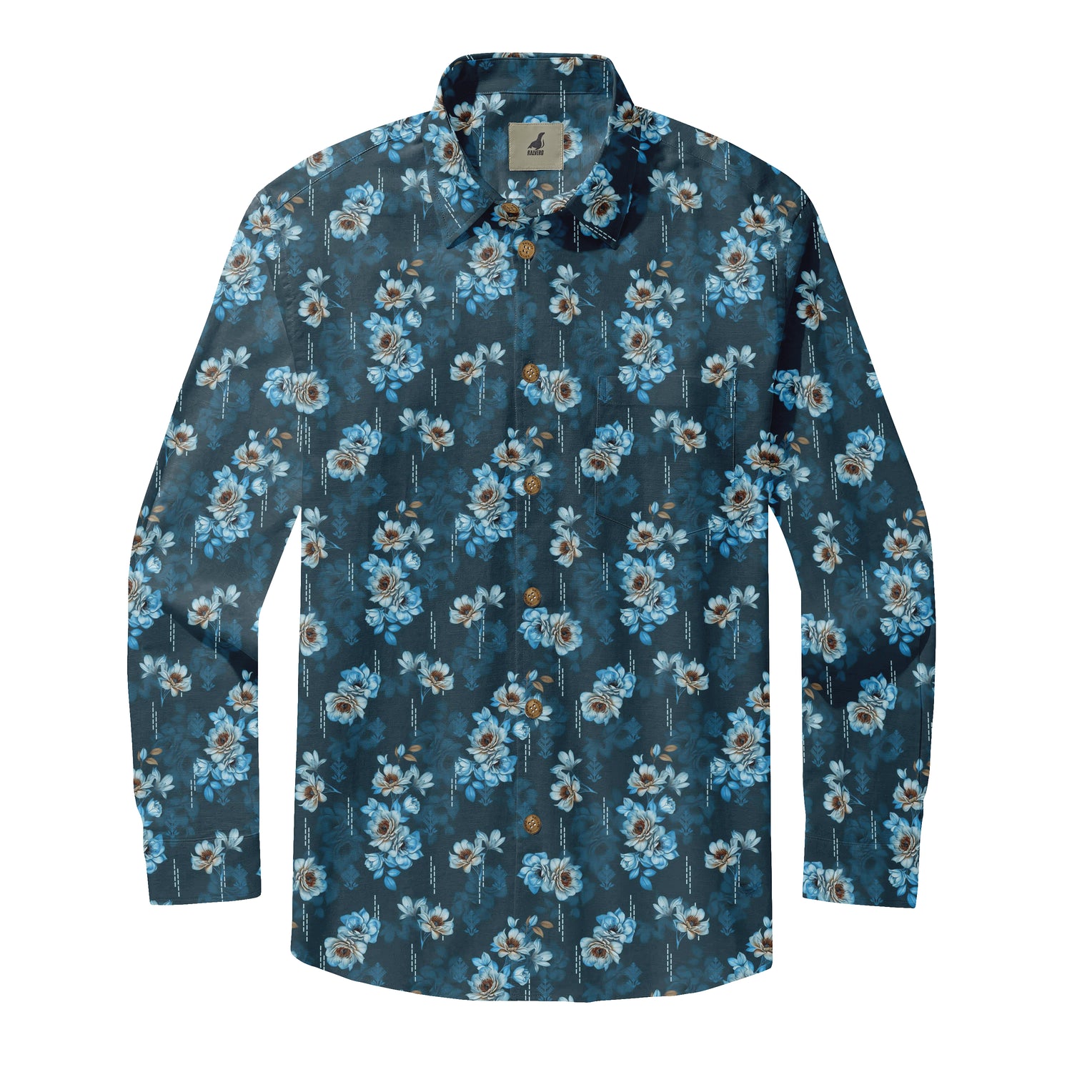 Dark Blue Tropical Floral Long Sleeve Hawaiian Shirt