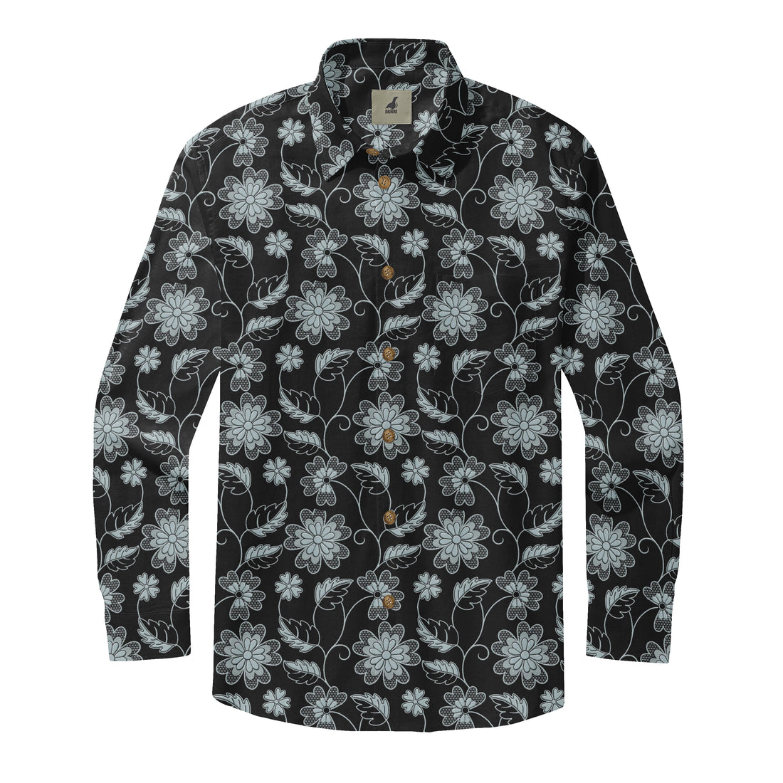 Black Light Blue Floral Long Sleeve Hawaiian Shirt