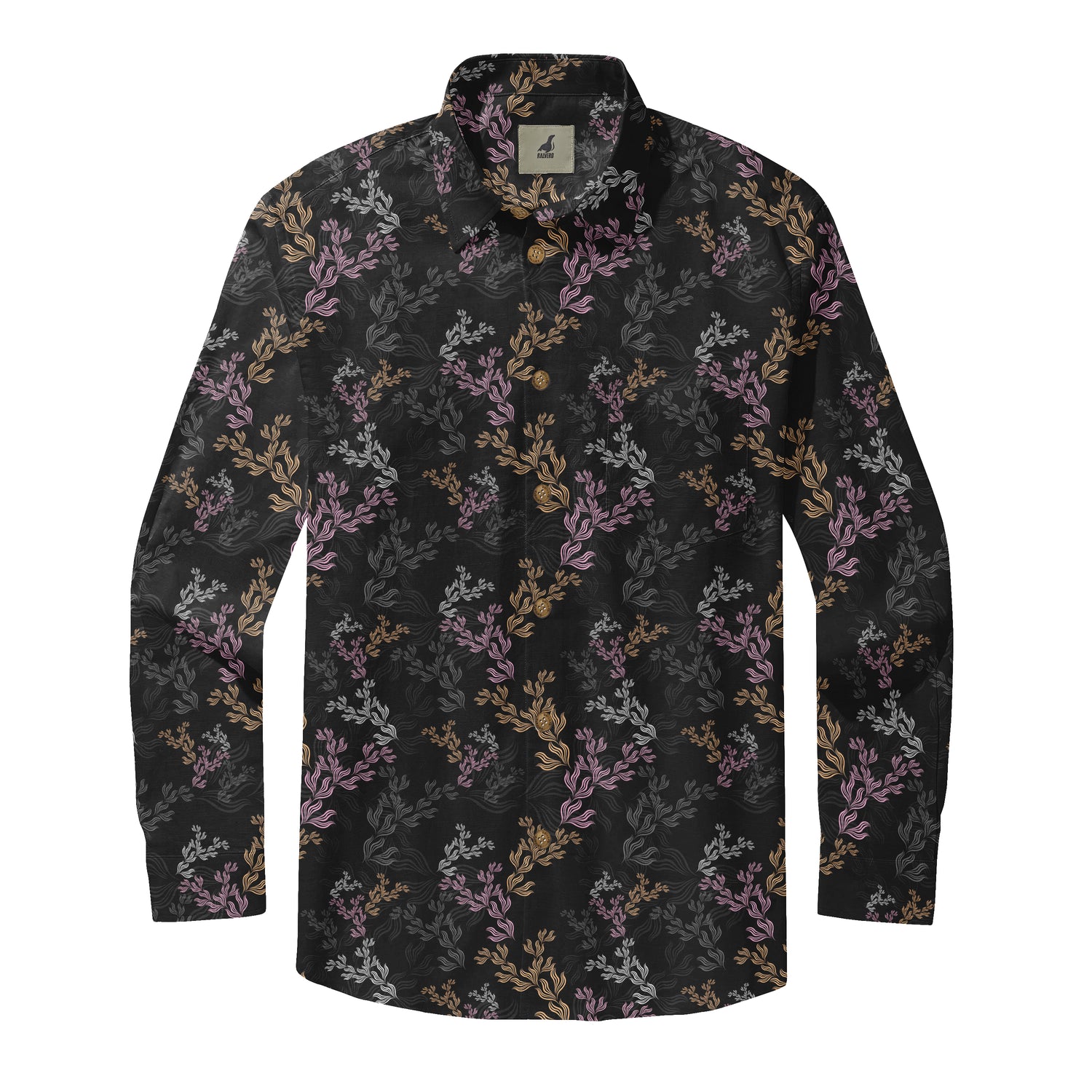 Black Tropical Floral Long Sleeve Hawaiian Shirt