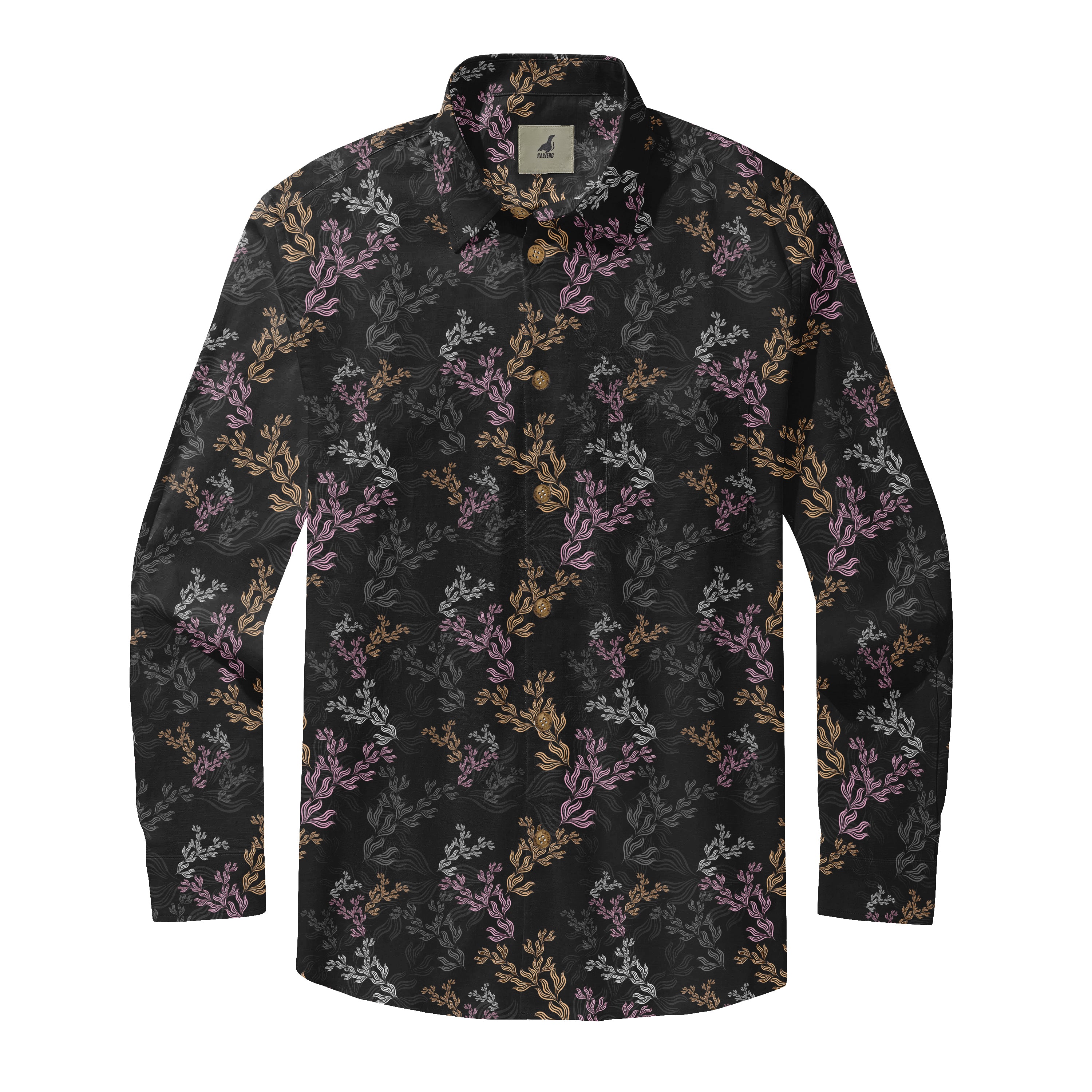 Black Tropical Floral Long Sleeve Hawaiian Shirt