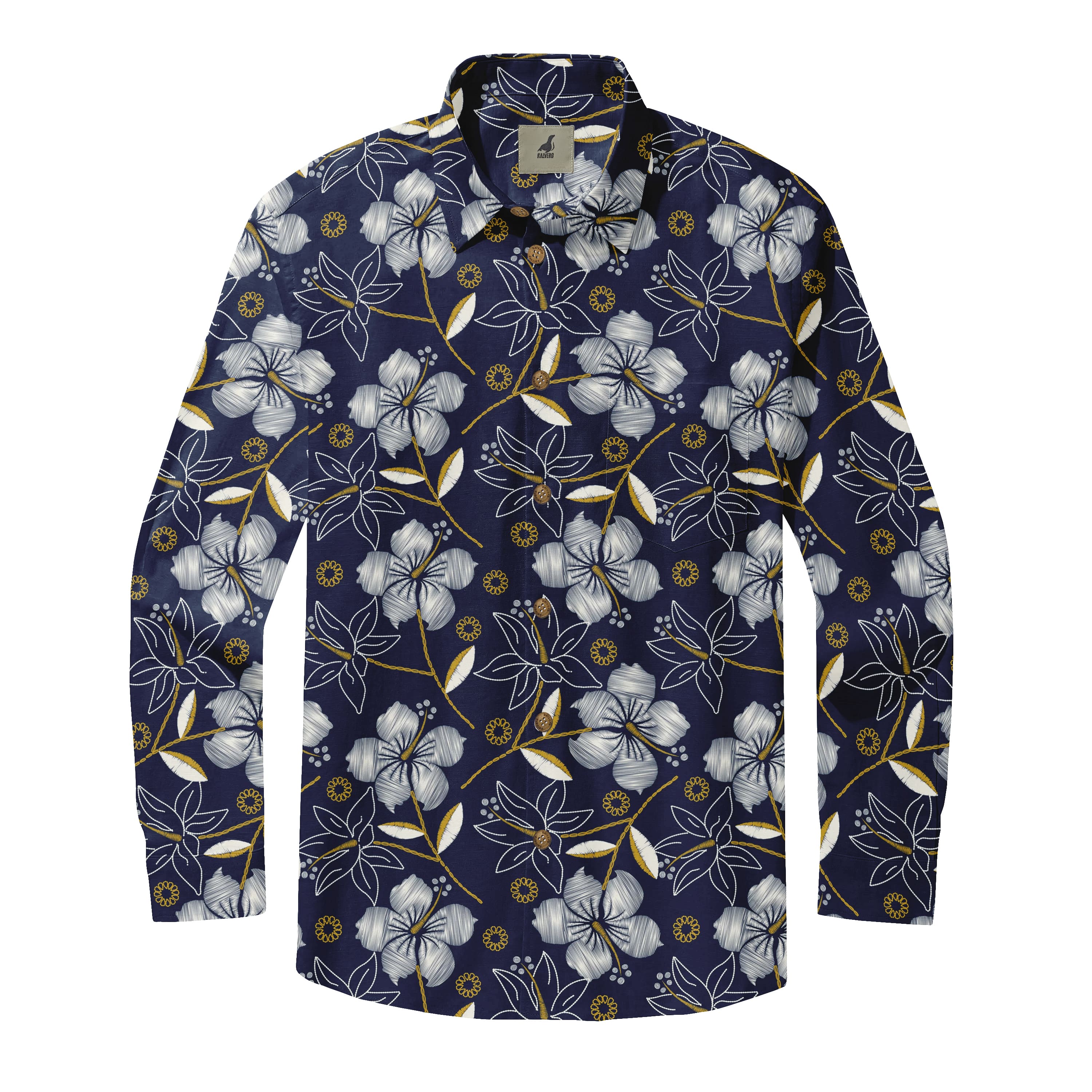 Navy Tropical Floral Long Sleeve Hawaiian Shirt