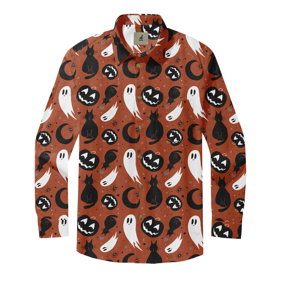 Halloween-themed shirt with black cats, ghosts, pumpkins, and moons.