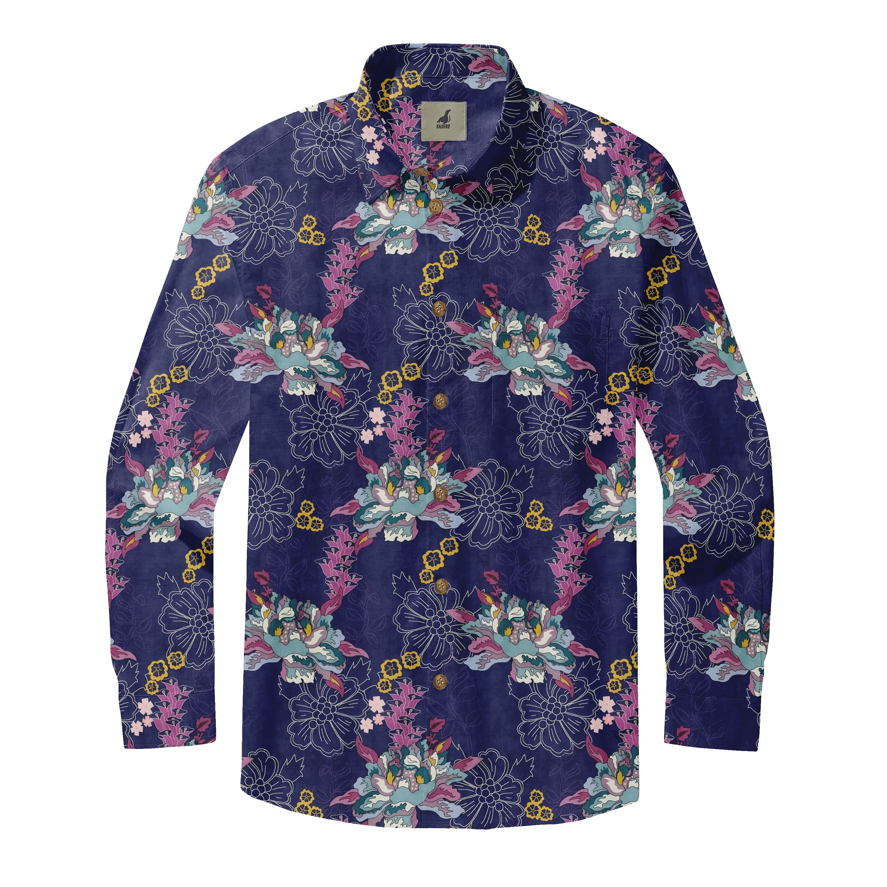 Navy Tropical Floral Long Sleeve Hawaiian Shirt