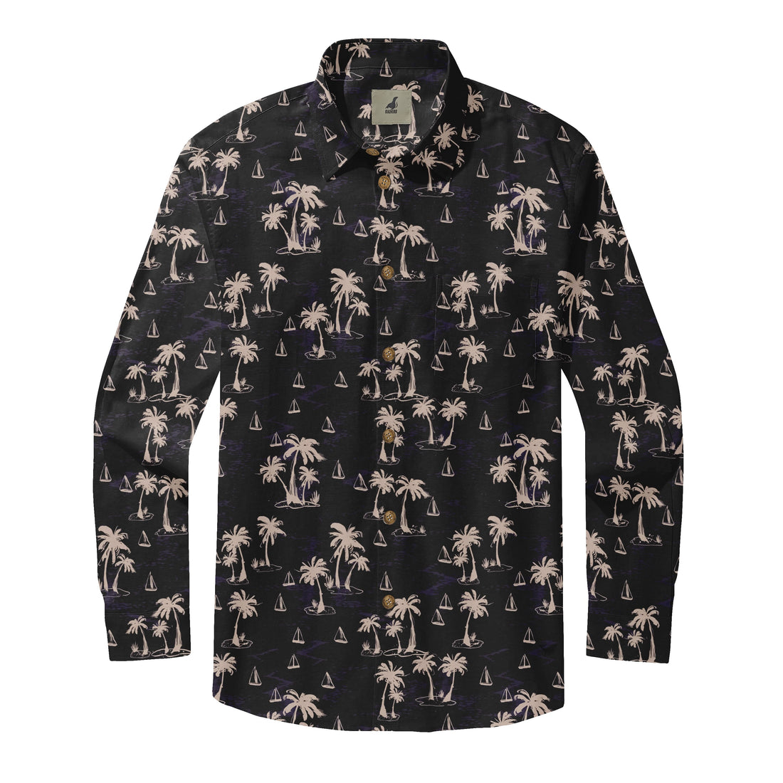 Black Palm Trees &amp; Sailboats Long Sleeve Hawaiian Shirt