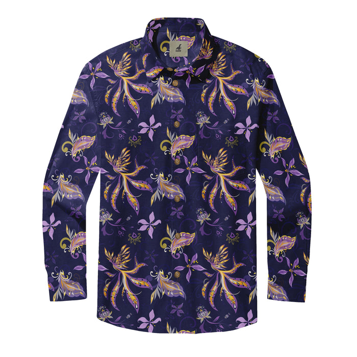 Dark Blue Tropical Floral Long Sleeve Hawaiian Shirt