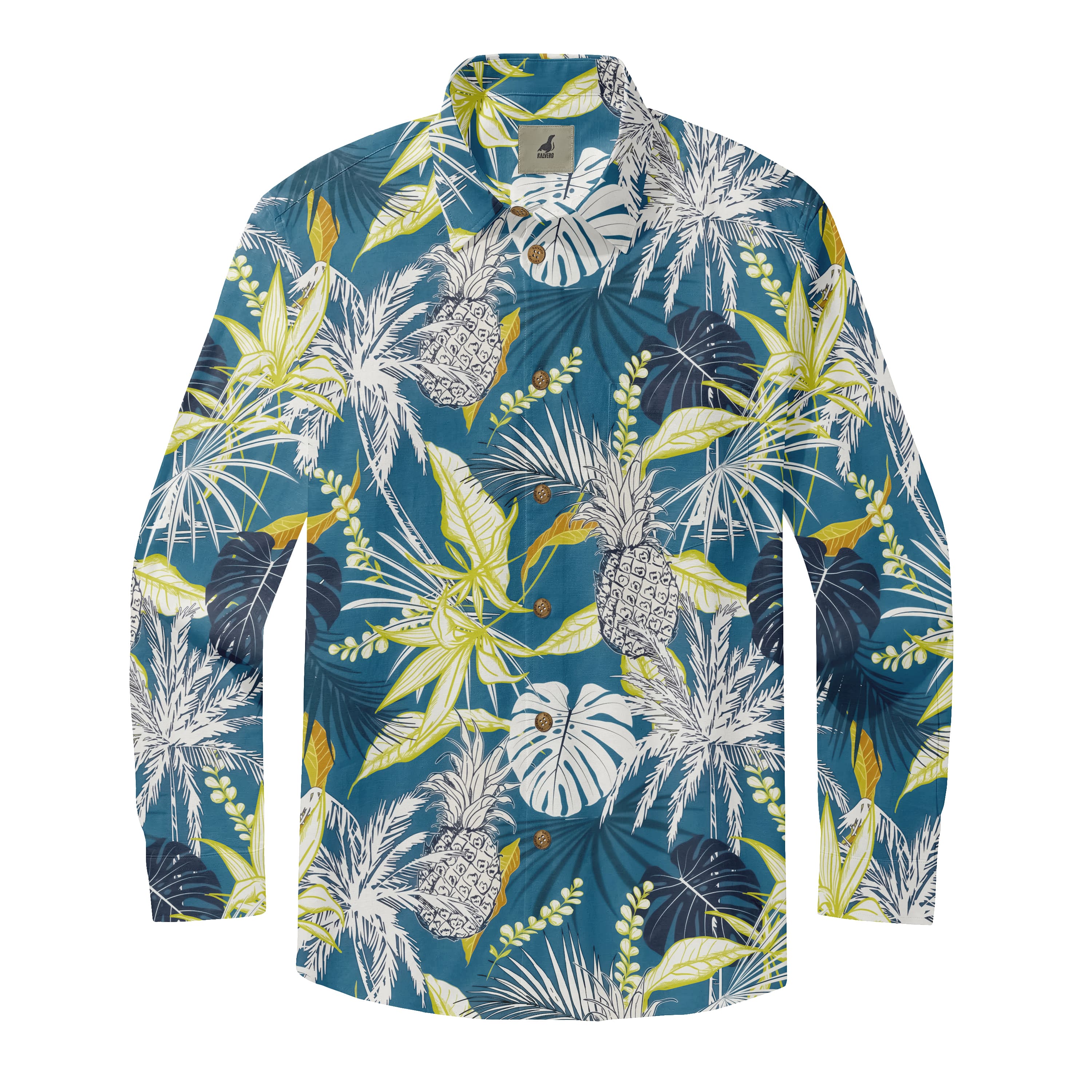 Blue Tropical Pineapple Long Sleeve Hawaiian Shirt