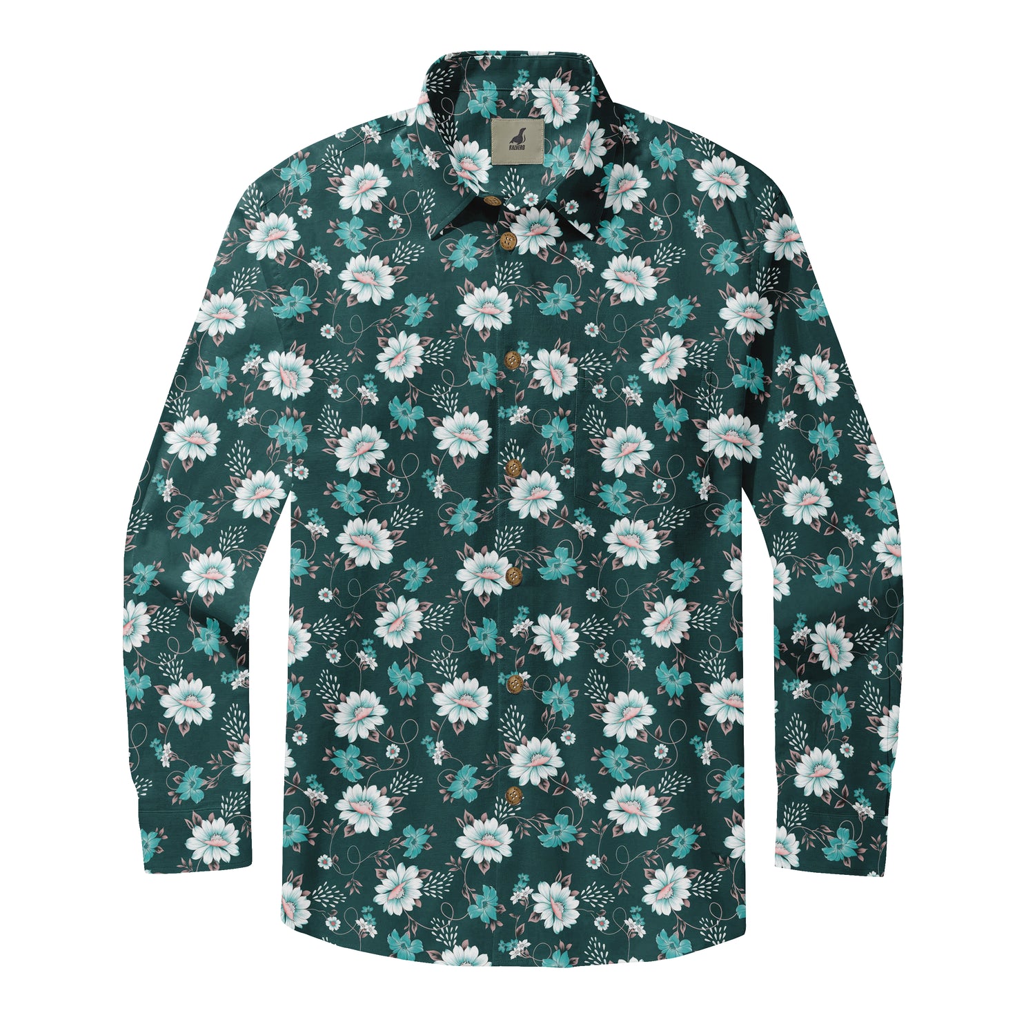 Dark Green Tropical Floral Long Sleeve Hawaiian Shirt