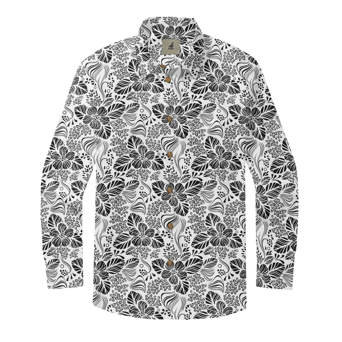 White Black Floral Long Sleeve Hawaiian Shirt