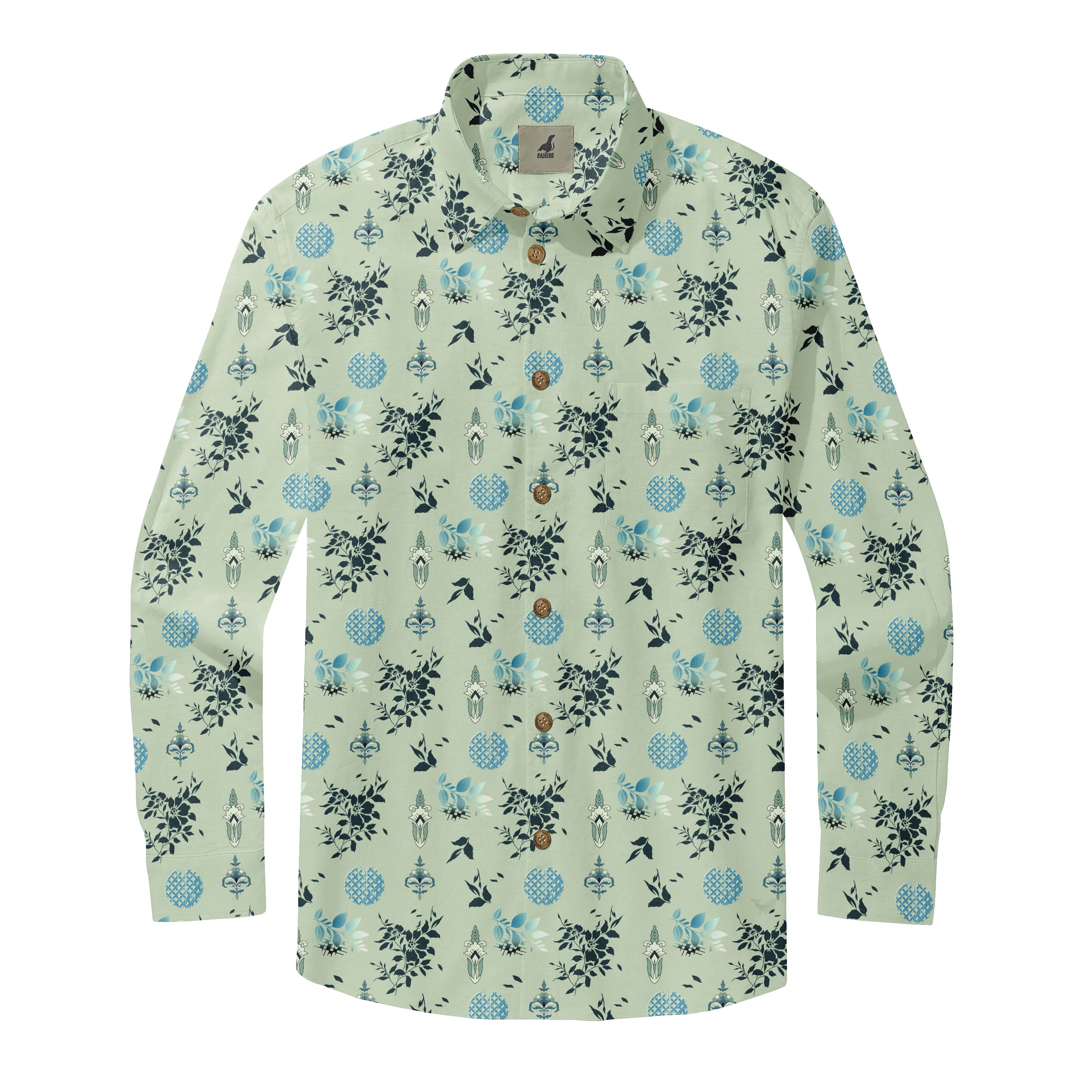 Light Green Floral Long Sleeve Hawaiian Shirt